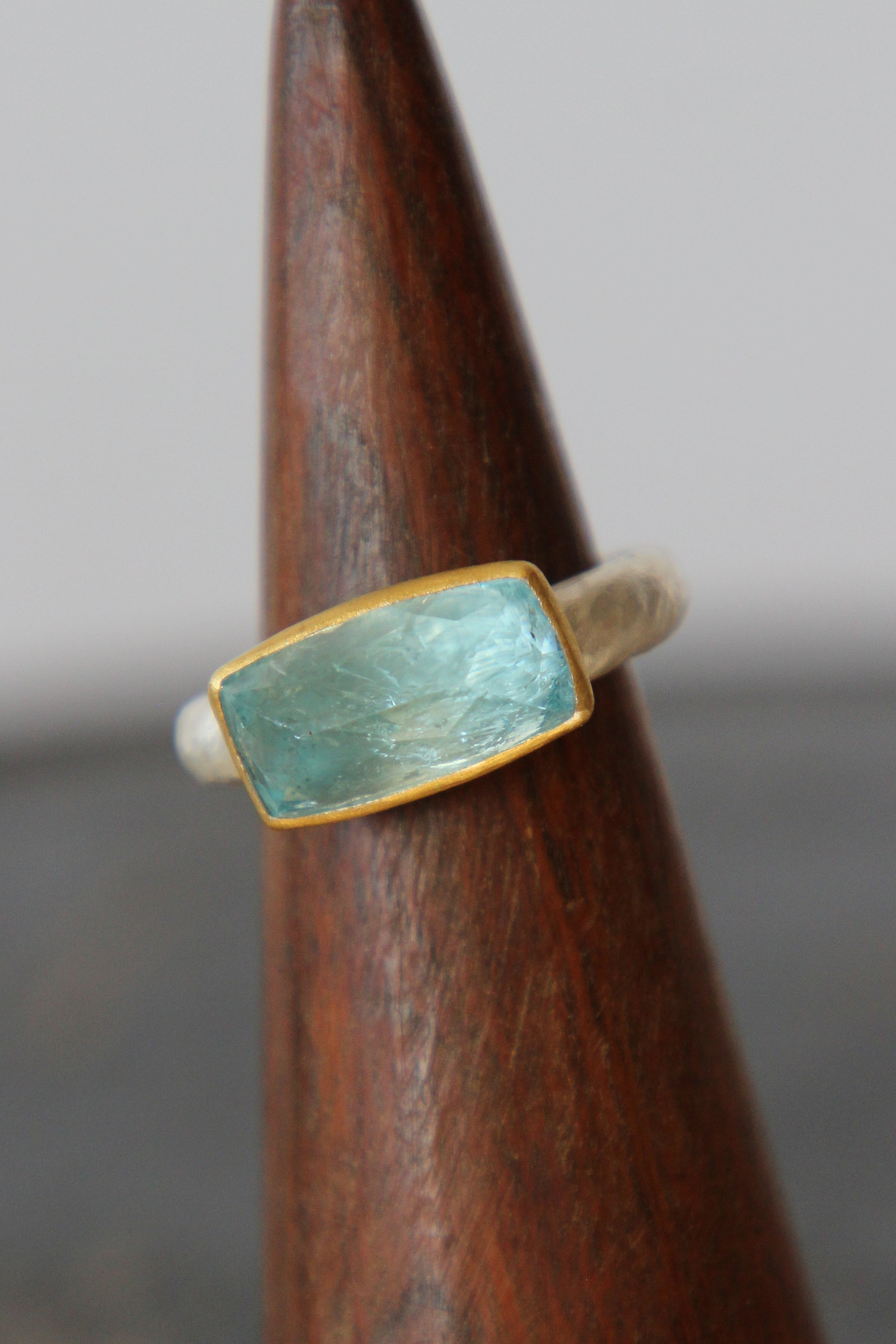 Handmade Aquamarine Cup Ring // Poppy Dandiya // Hammered Sterling Silver // 24K Filled Gold // Size 54
