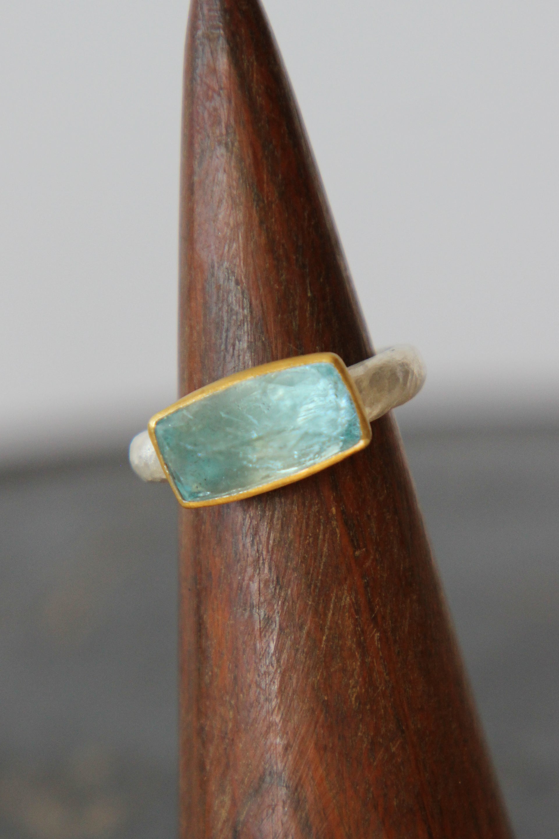 Handmade Aquamarine Cup Ring // Poppy Dandiya // Hammered Sterling Silver // 24K Filled Gold // Size 54