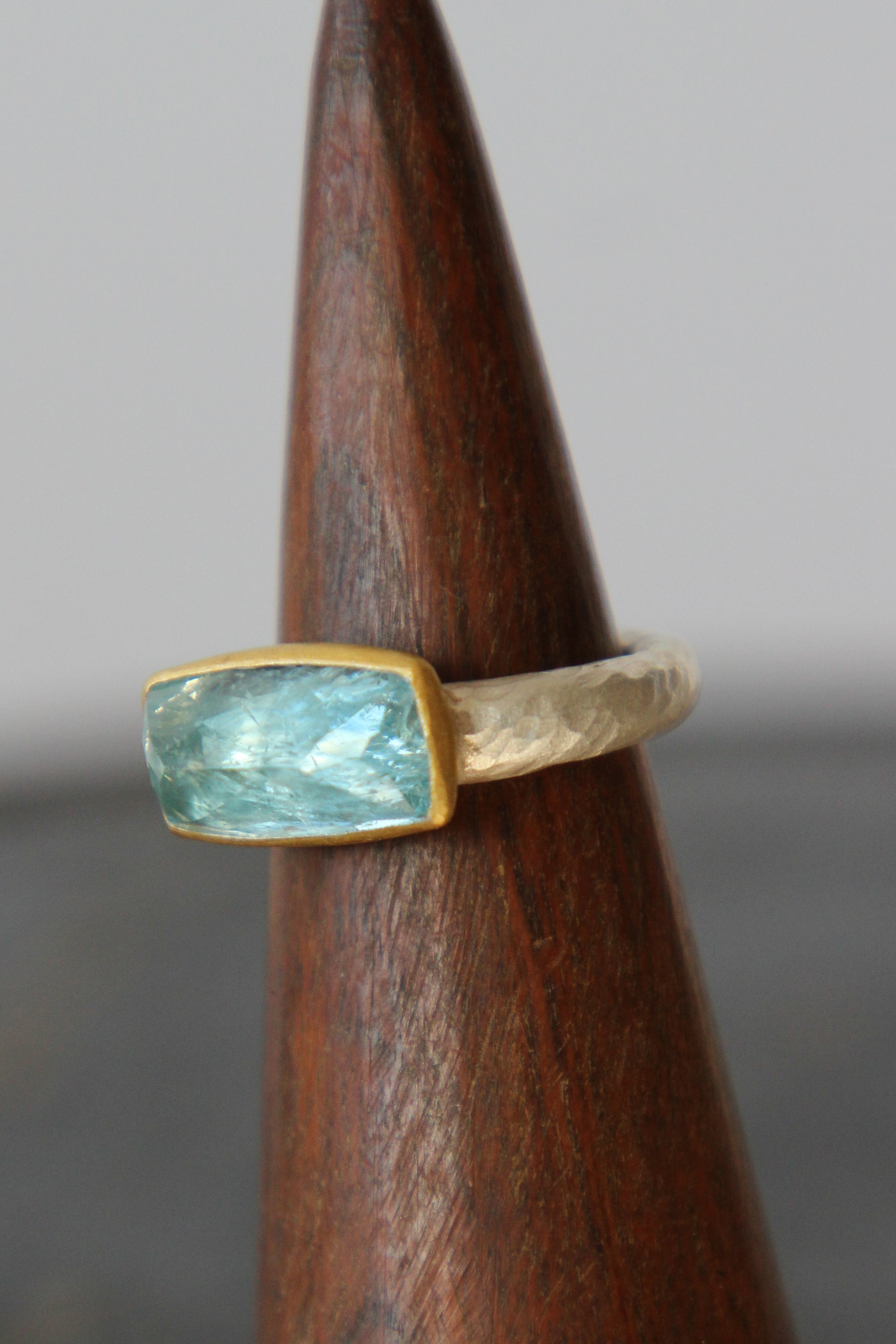 Handmade Aquamarine Cup Ring // Poppy Dandiya // Hammered Sterling Silver // 24K Filled Gold // Size 54