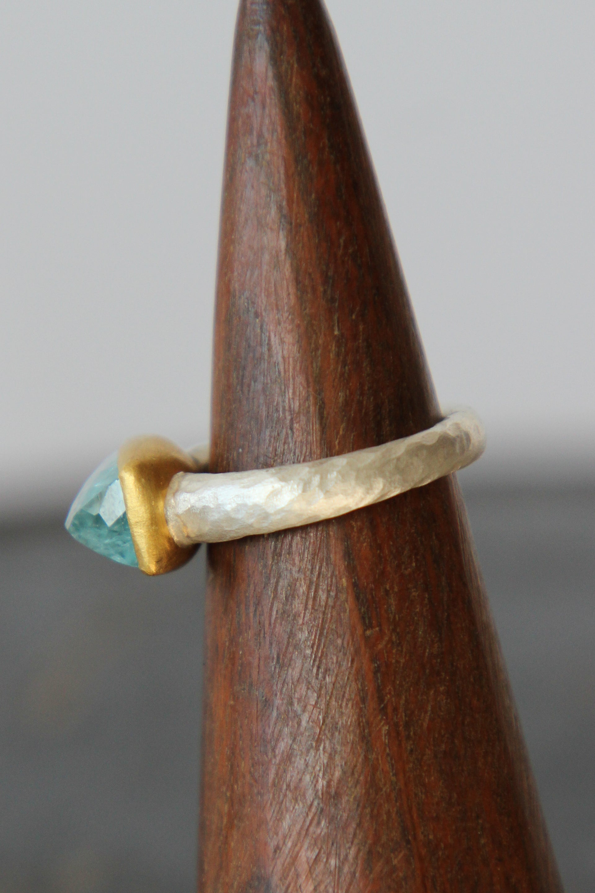 Handmade Aquamarine Cup Ring // Poppy Dandiya // Hammered Sterling Silver // 24K Filled Gold // Size 54