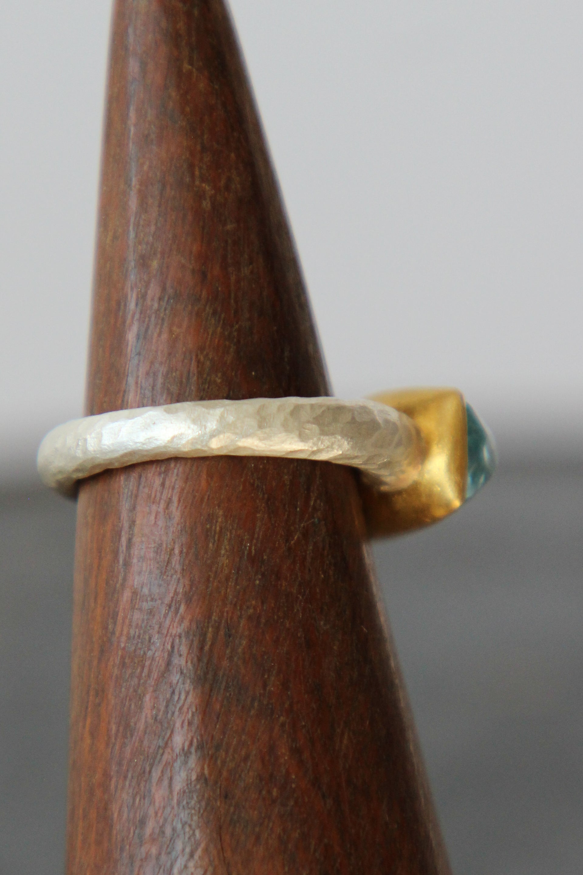 Handmade Aquamarine Cup Ring // Poppy Dandiya // Hammered Sterling Silver // 24K Filled Gold // Size 54