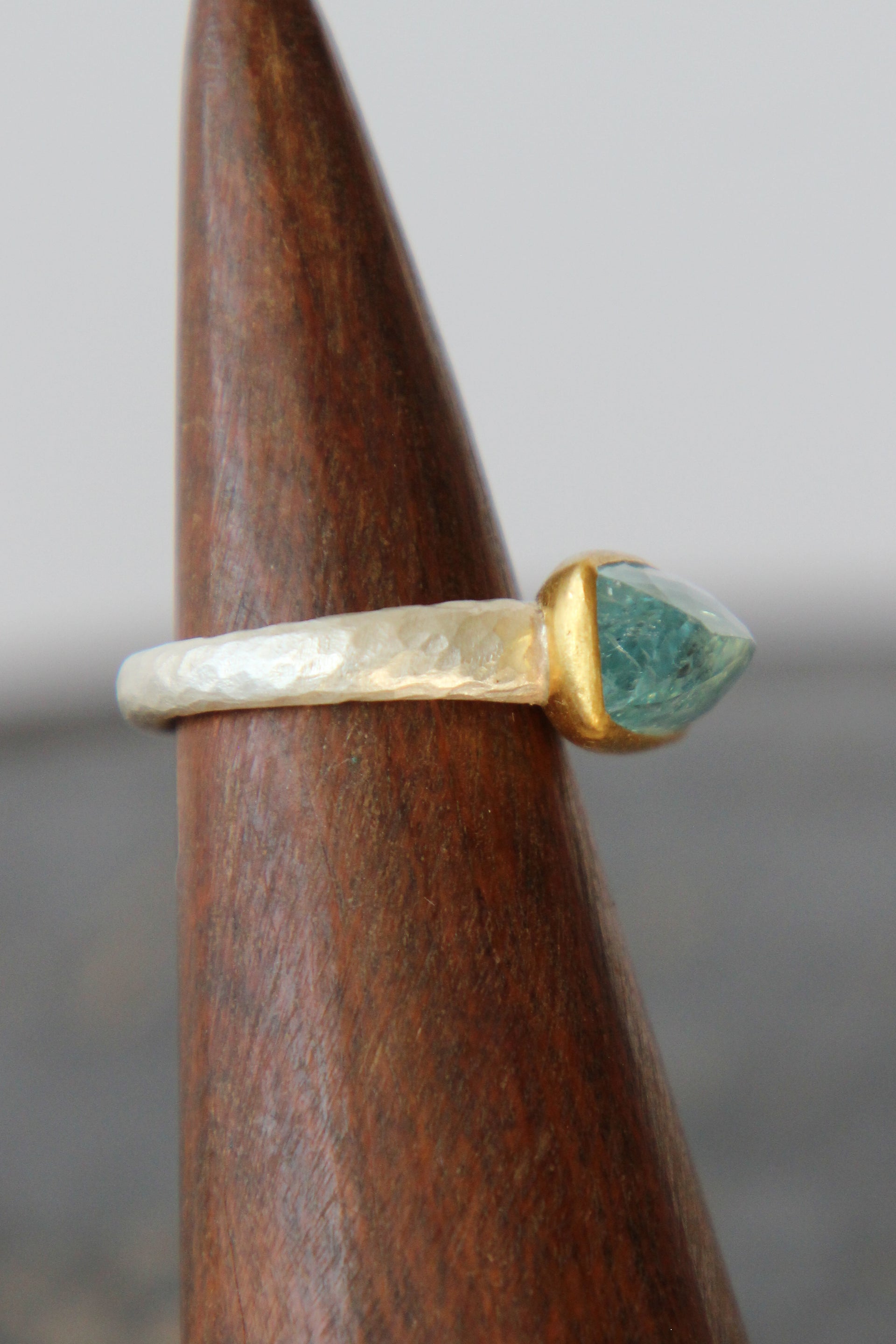 Handmade Aquamarine Cup Ring // Poppy Dandiya // Hammered Sterling Silver // 24K Filled Gold // Size 54