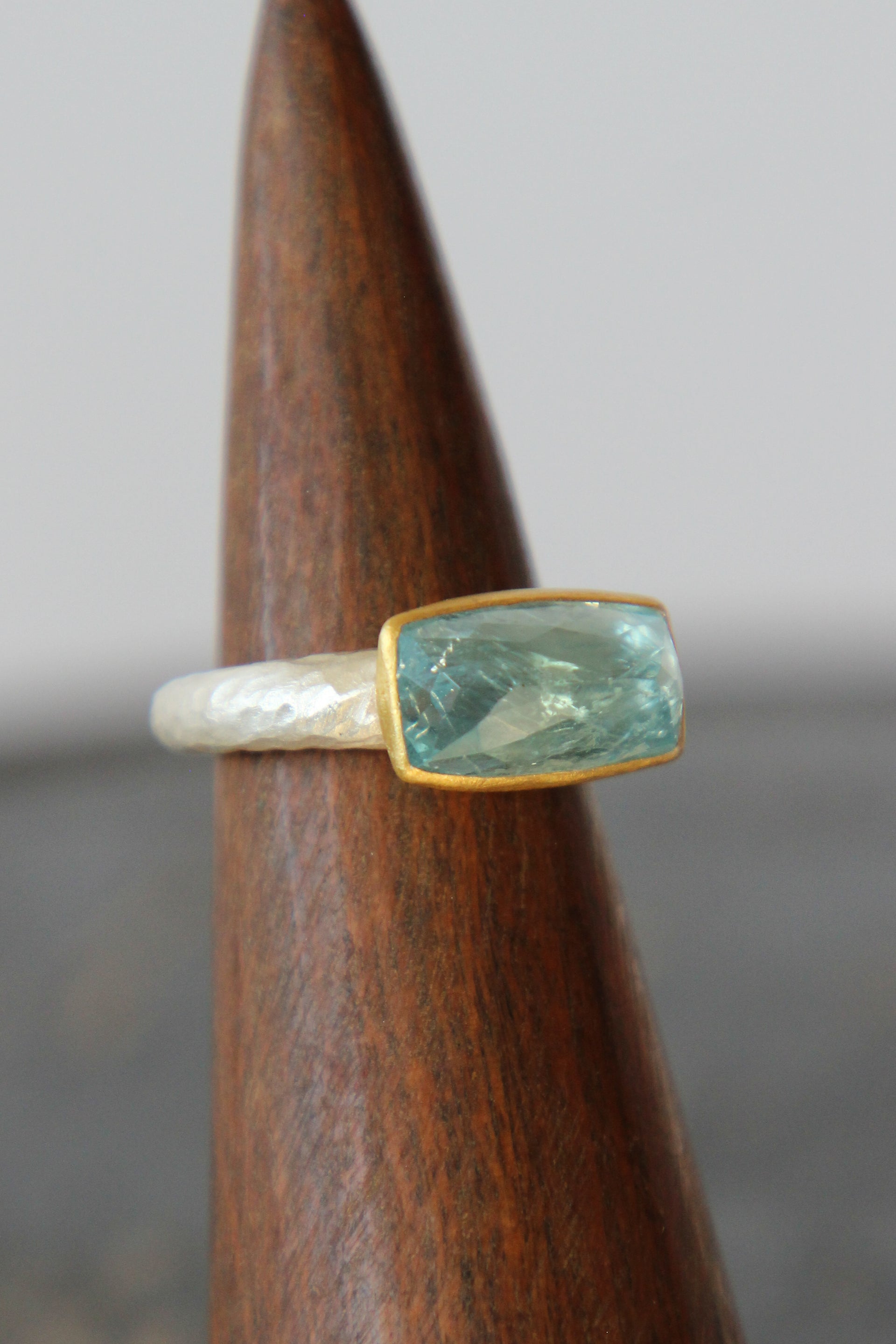 Handmade Aquamarine Cup Ring // Poppy Dandiya // Hammered Sterling Silver // 24K Filled Gold // Size 54