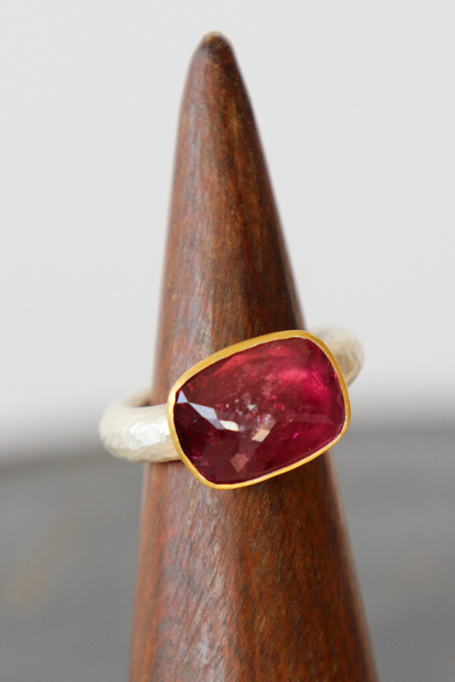Handmade Tourmaline Cup Ring // Poppy Dandiya Ring // Hammered Sterling Silver // 24K Filled Gold // Size 55