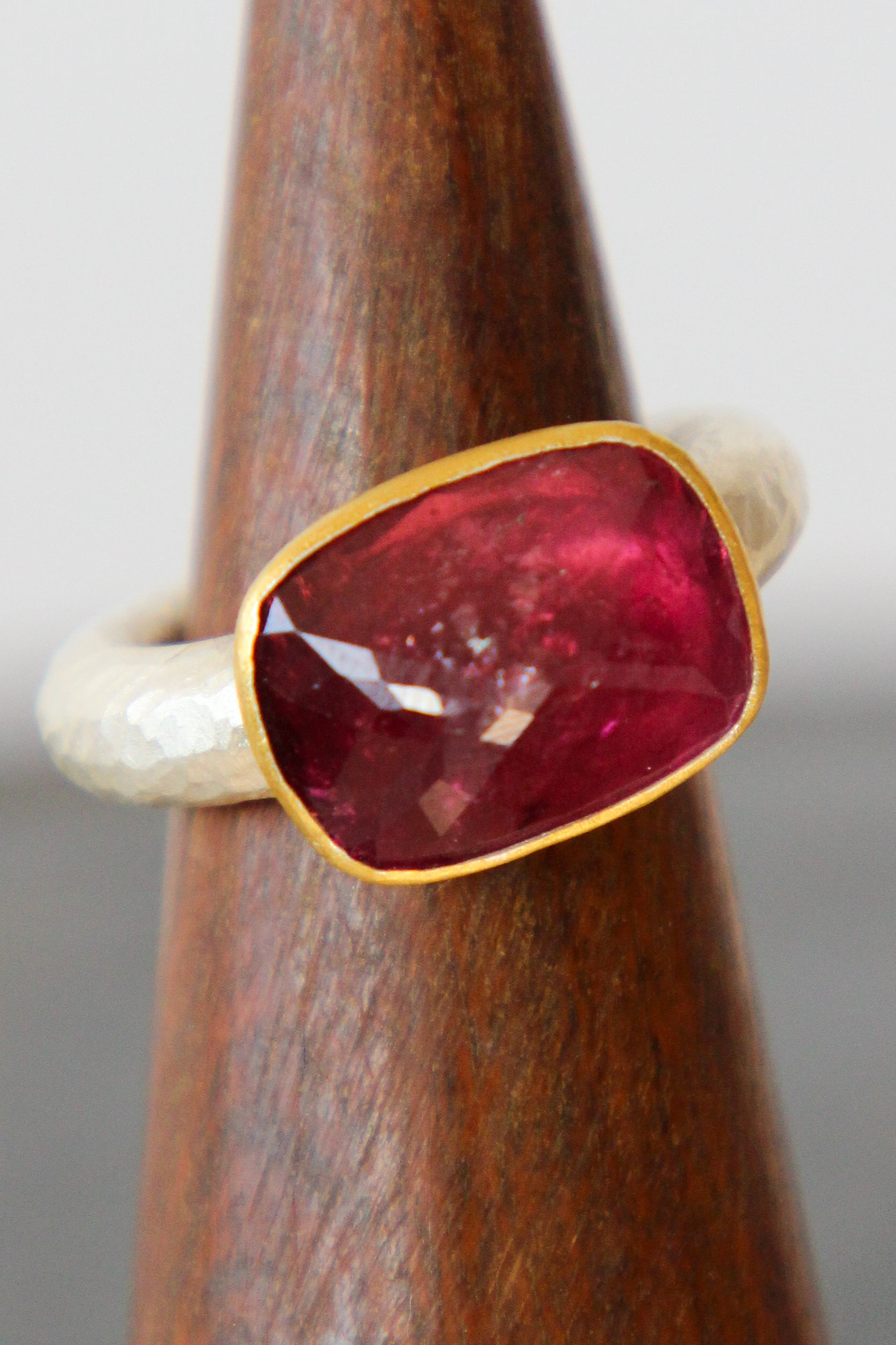 Handmade Tourmaline Cup Ring // Poppy Dandiya Ring // Hammered Sterling Silver // 24K Filled Gold // Size 55