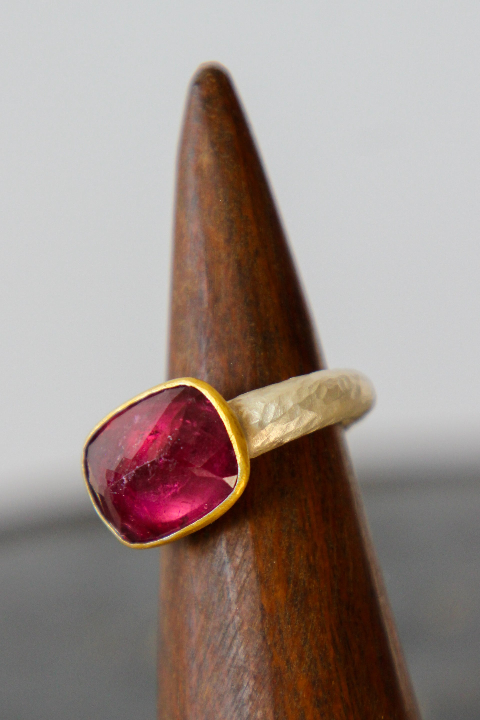 Handmade Tourmaline Cup Ring // Poppy Dandiya Ring // Hammered Sterling Silver // 24K Filled Gold // Size 55