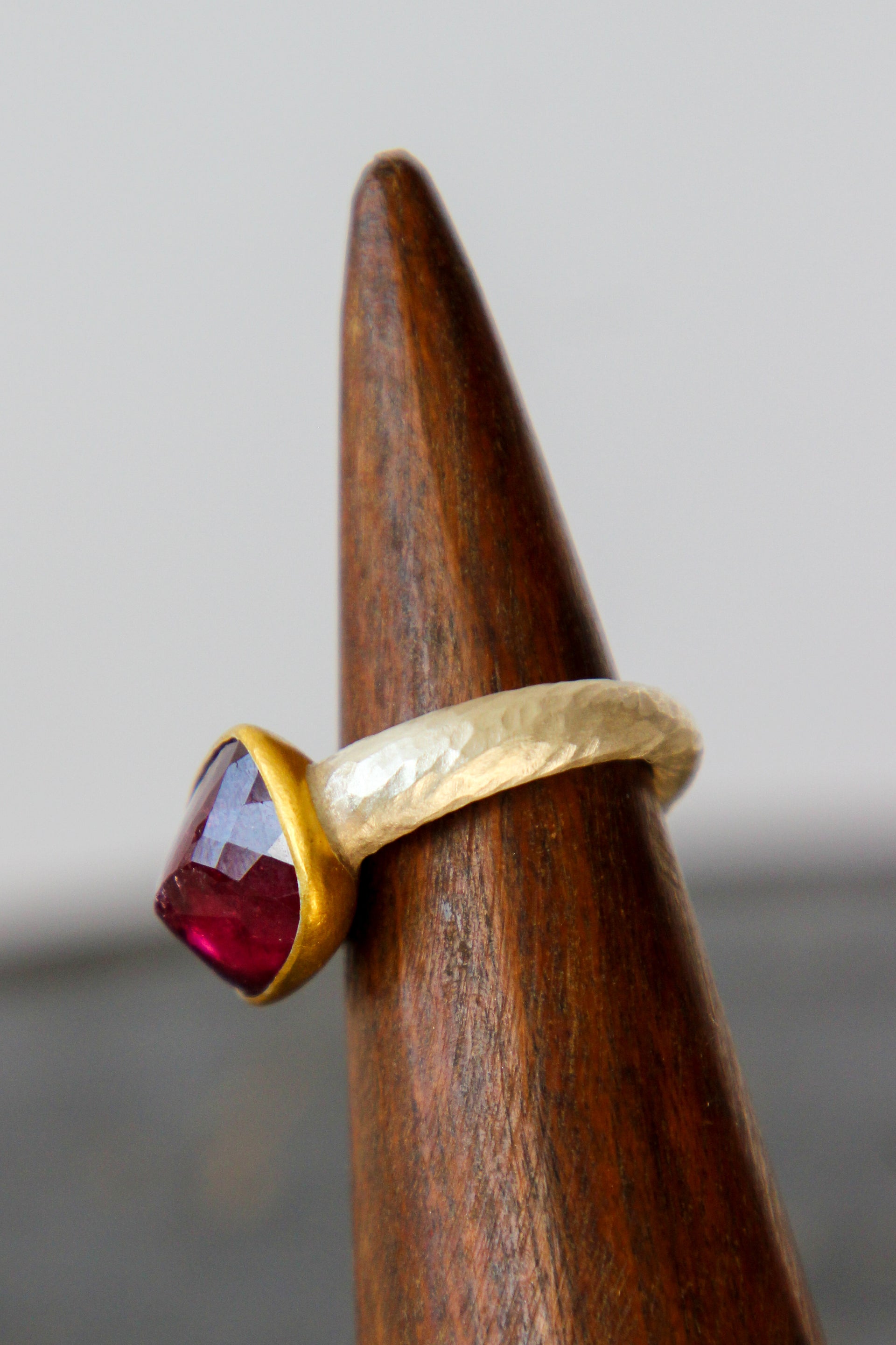 Handmade Tourmaline Cup Ring // Poppy Dandiya Ring // Hammered Sterling Silver // 24K Filled Gold // Size 55