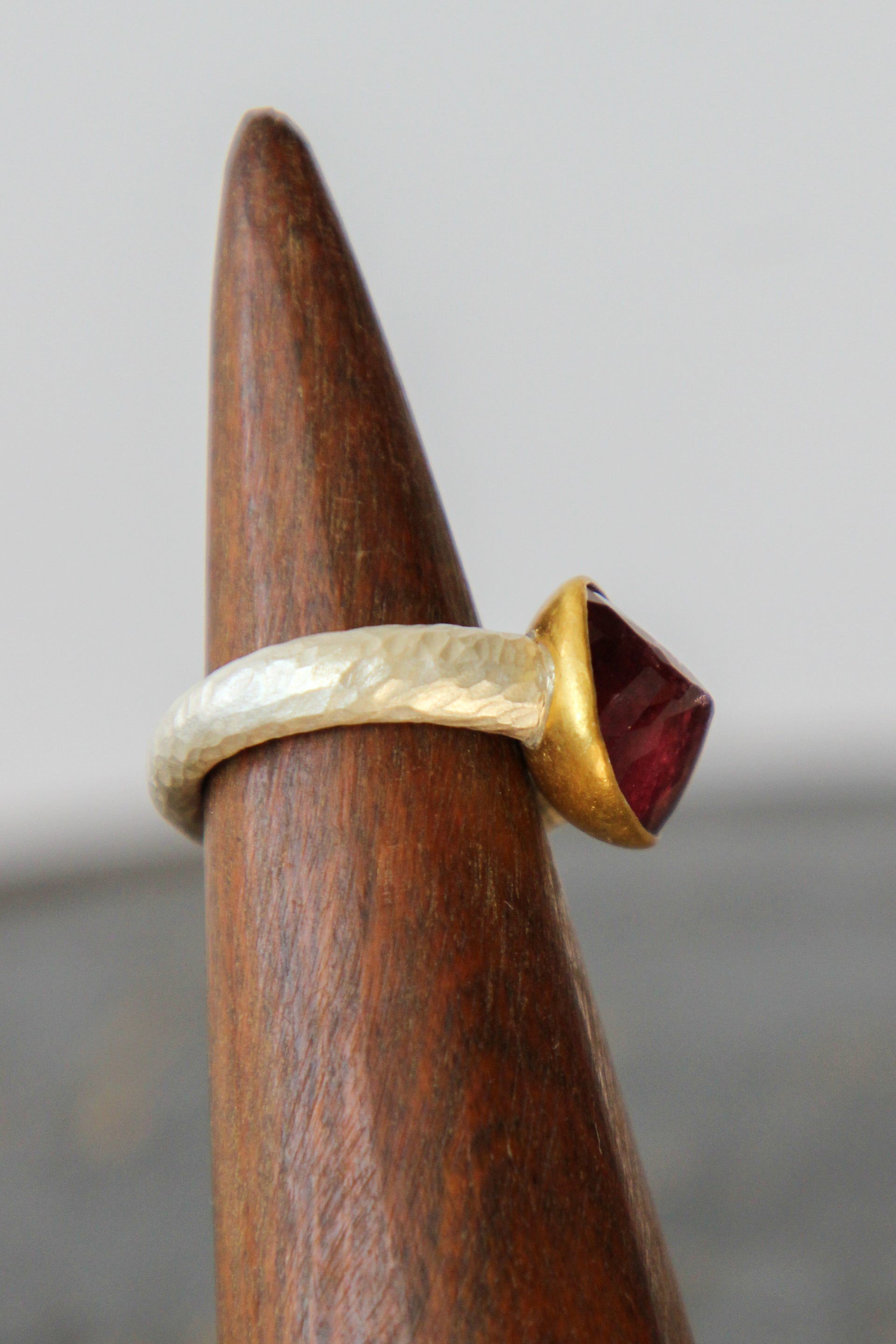 Handmade Tourmaline Cup Ring // Poppy Dandiya Ring // Hammered Sterling Silver // 24K Filled Gold // Size 55