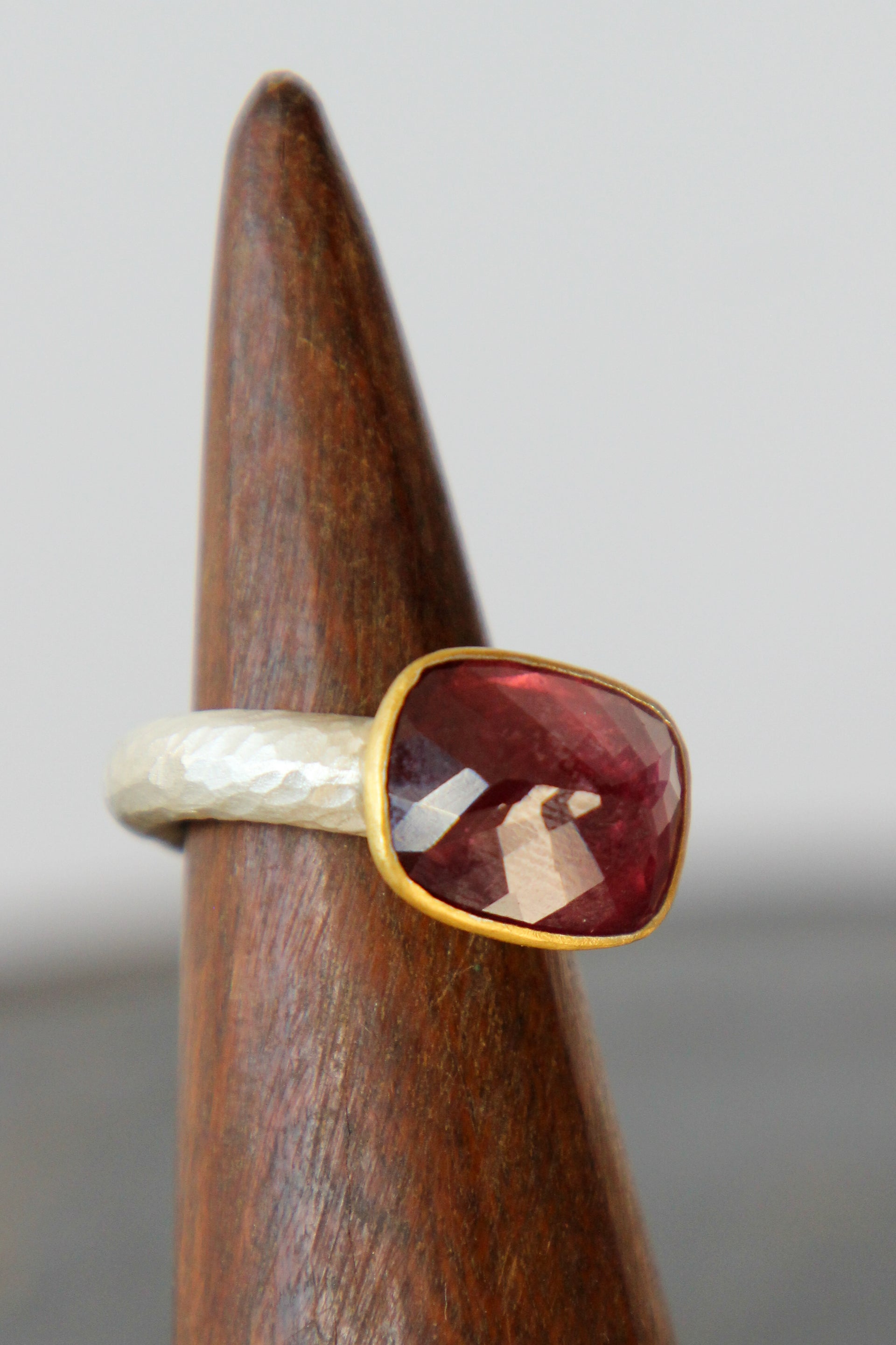 Handmade Tourmaline Cup Ring // Poppy Dandiya Ring // Hammered Sterling Silver // 24K Filled Gold // Size 55