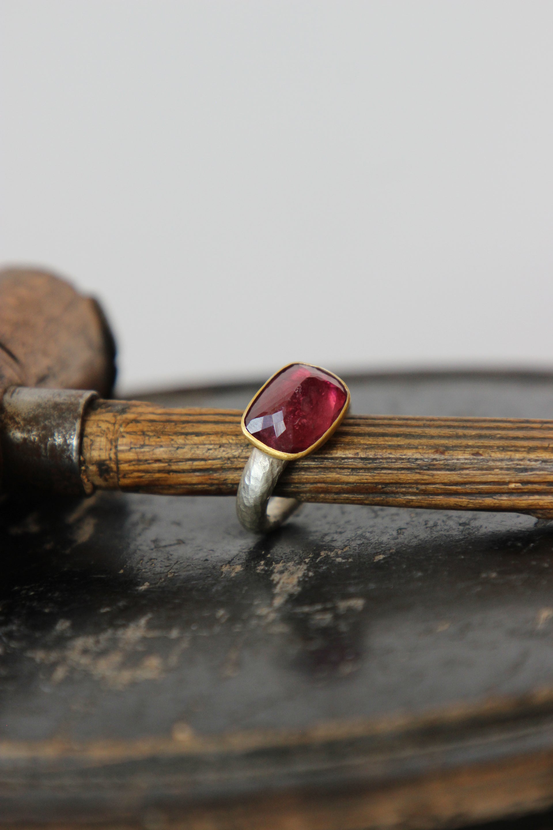 Handmade Tourmaline Cup Ring // Poppy Dandiya Ring // Hammered Sterling Silver // 24K Filled Gold // Size 55