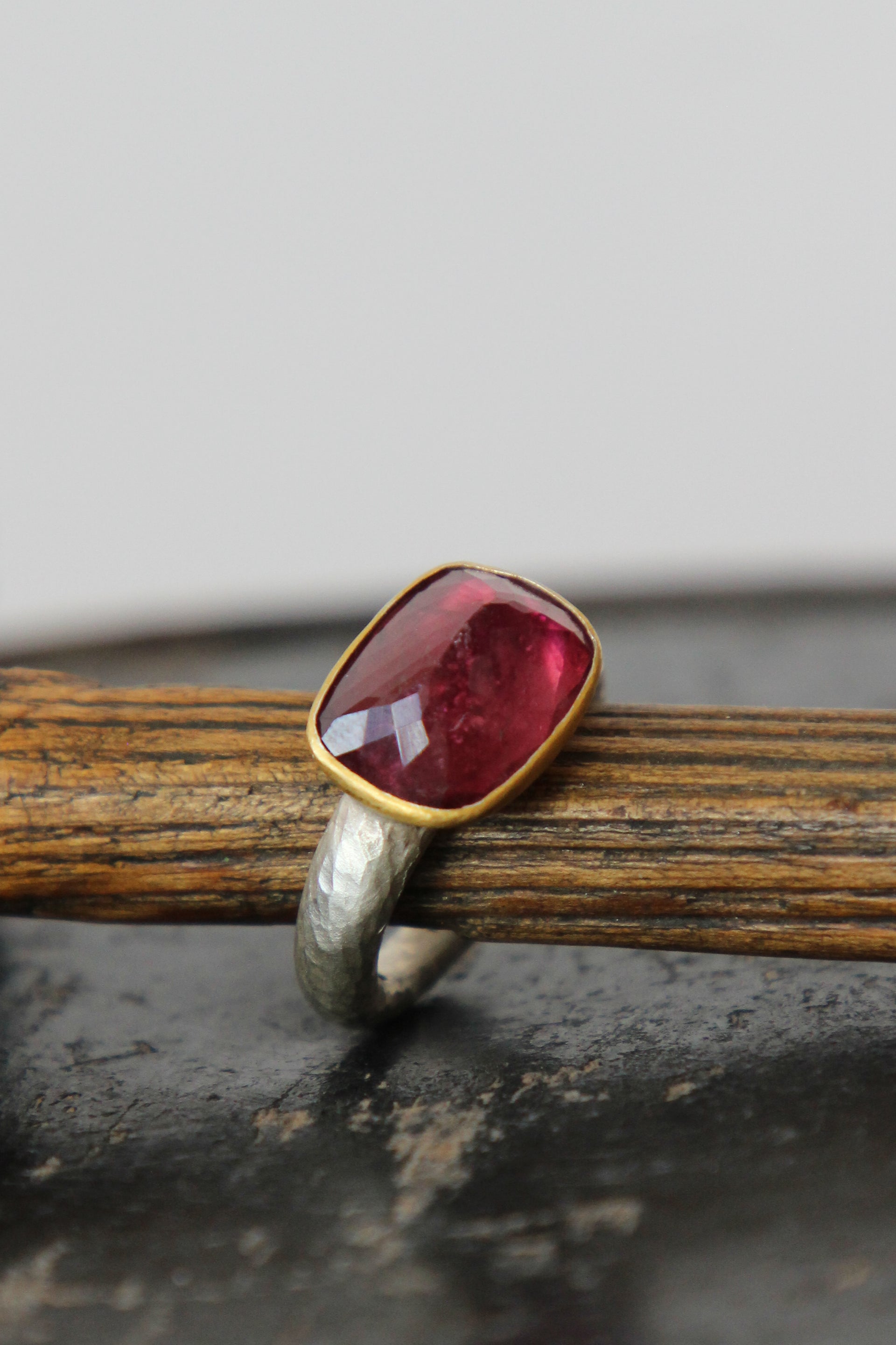 Handmade Tourmaline Cup Ring // Poppy Dandiya Ring // Hammered Sterling Silver // 24K Filled Gold // Size 55