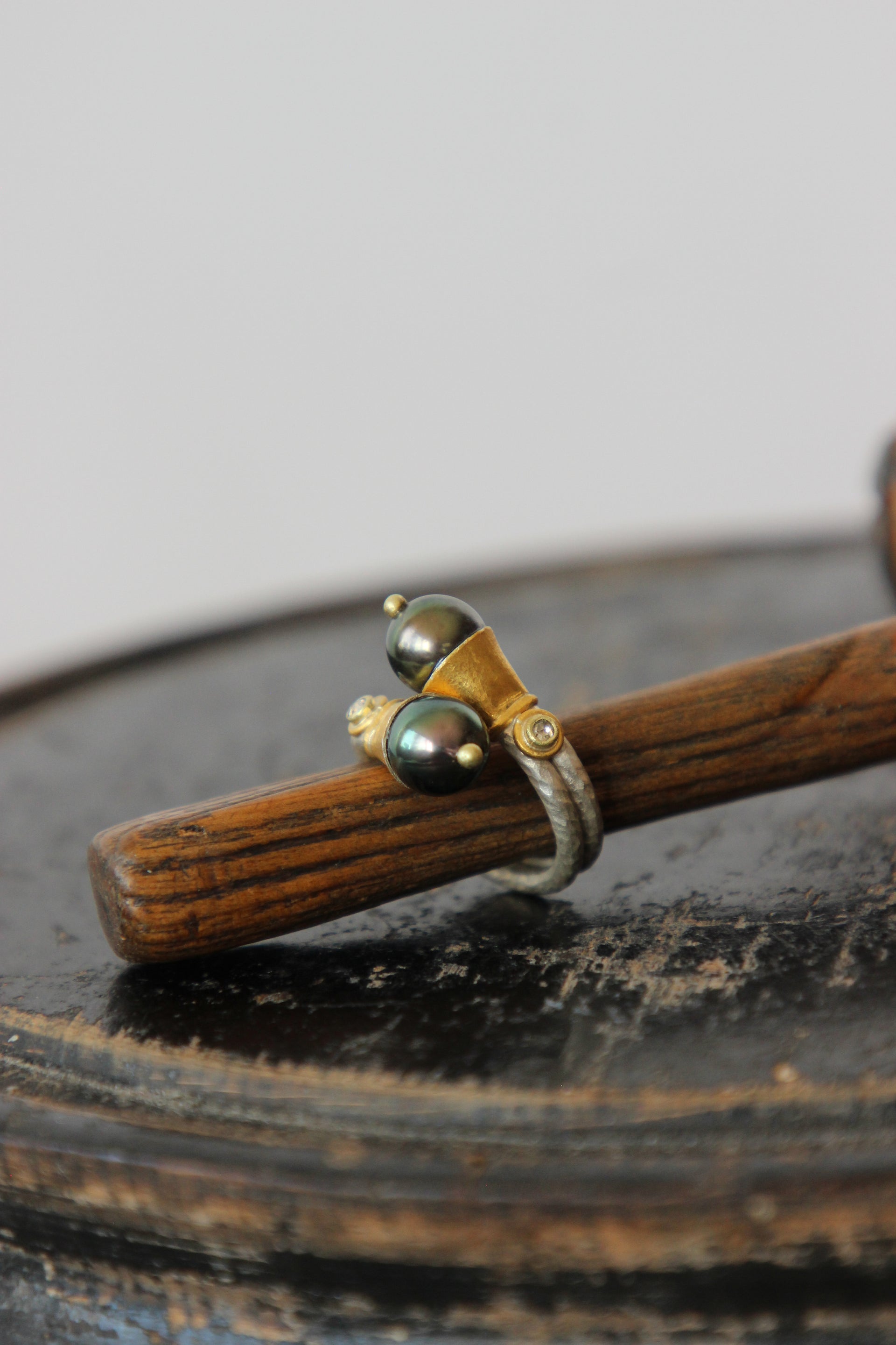 T1090 Handmade Tahitian Black Pearls and Diamonds / Crossover Ring / Poppy Dandiya / Hammered Sterling Silver / 24K Filled Gold / Matte Silver