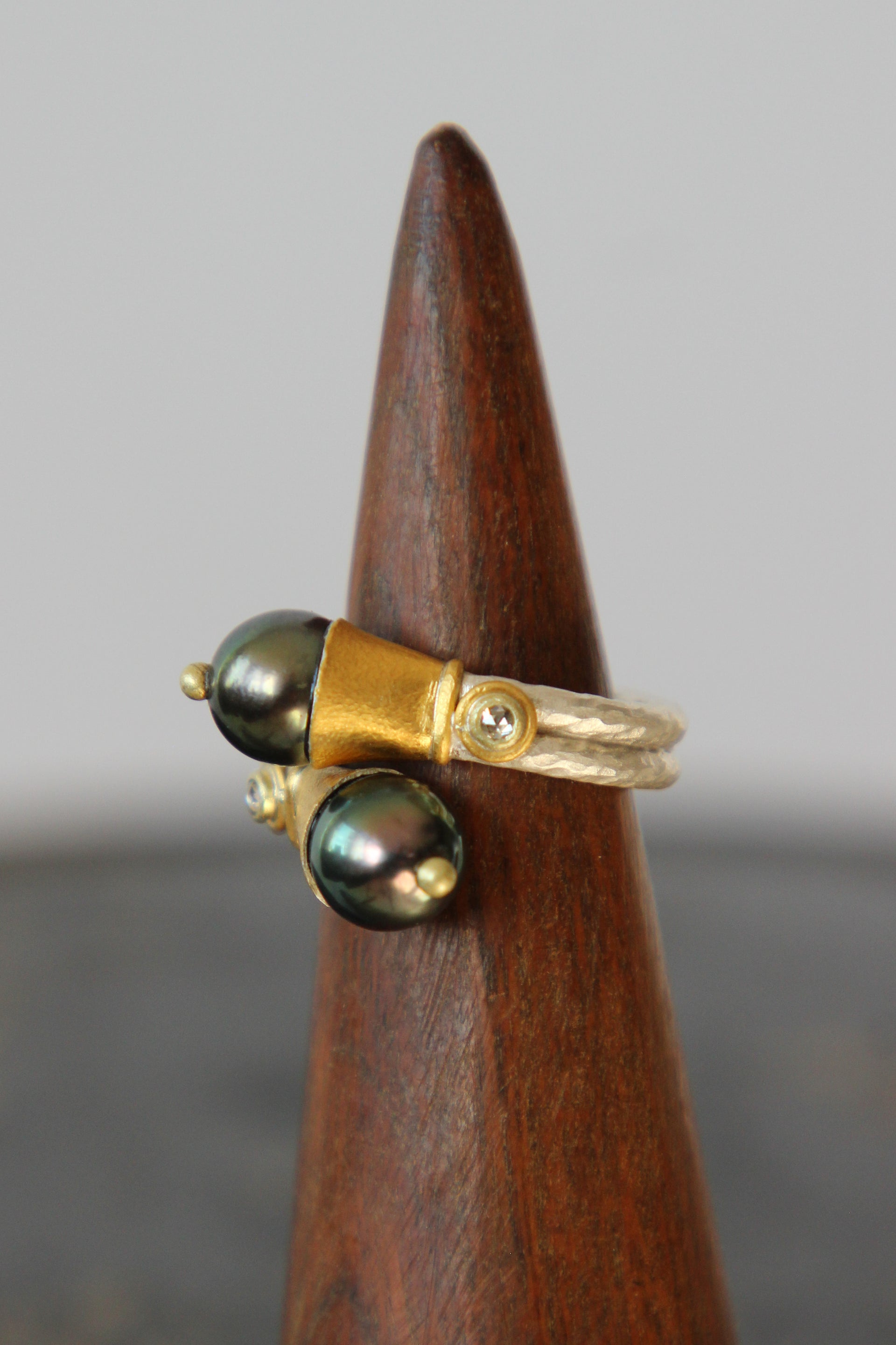 T1090 Handmade Tahitian Black Pearls and Diamonds / Crossover Ring / Poppy Dandiya / Hammered Sterling Silver / 24K Filled Gold / Matte Silver