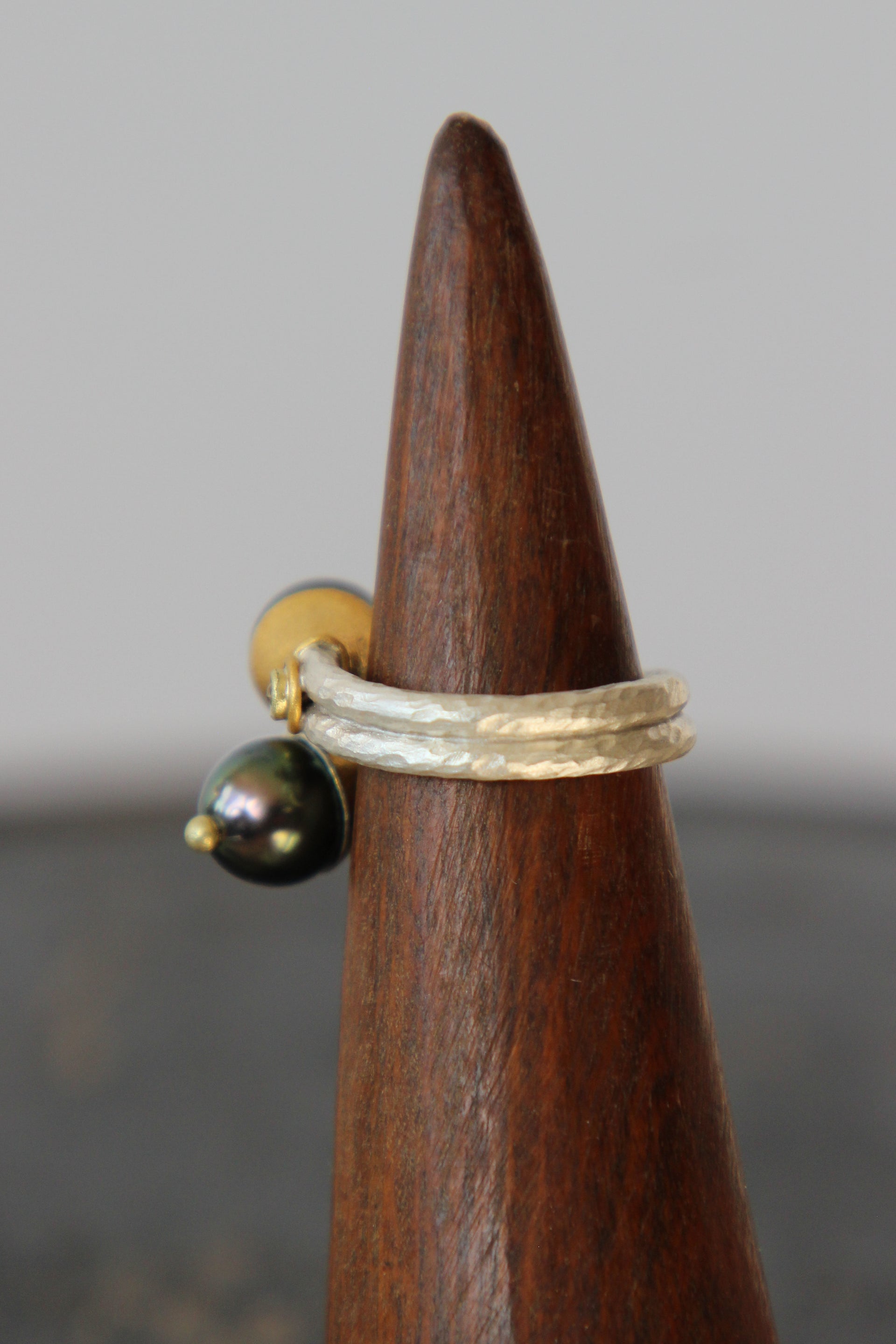 T1090 Handmade Tahitian Black Pearls and Diamonds / Crossover Ring / Poppy Dandiya / Hammered Sterling Silver / 24K Filled Gold / Matte Silver