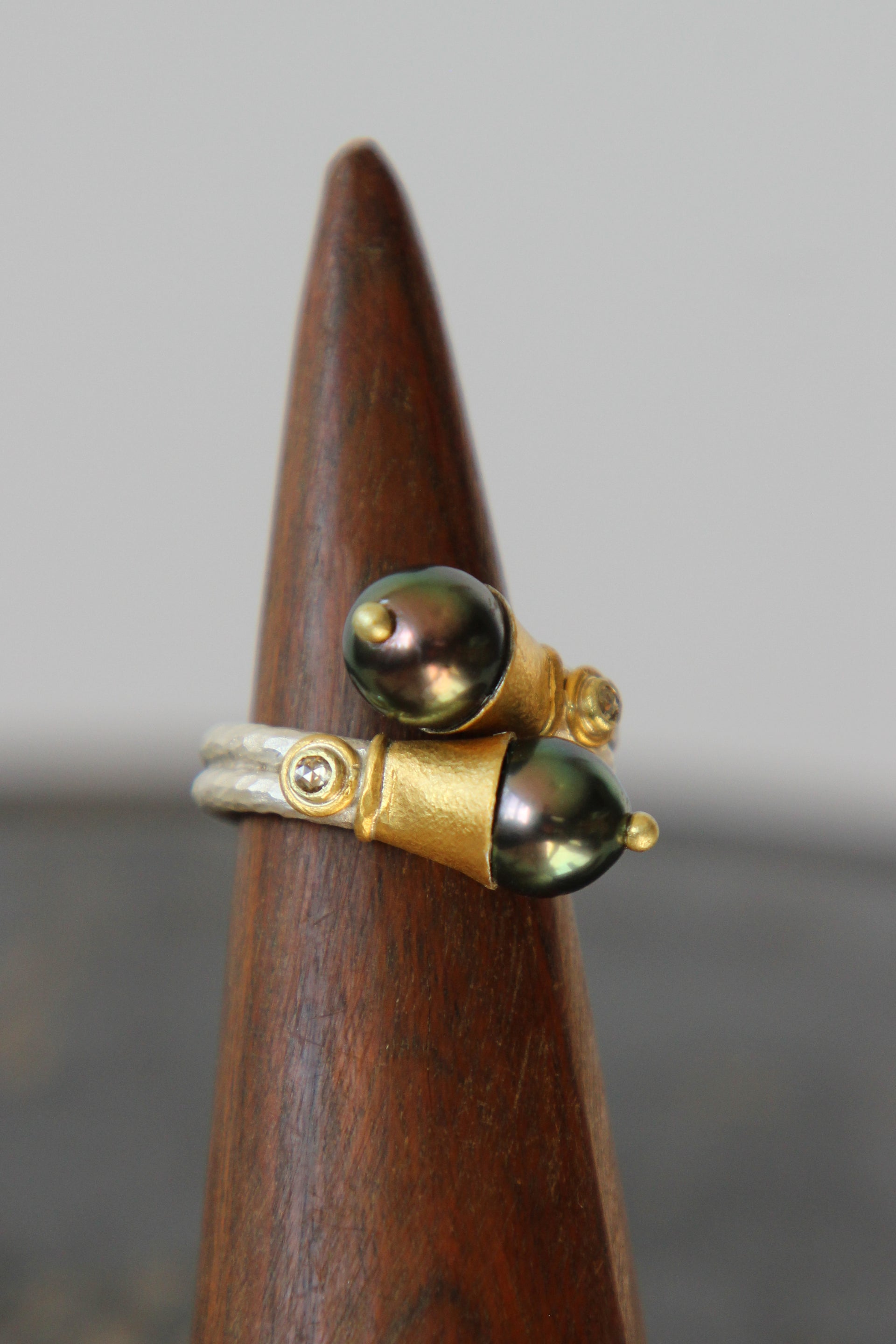 T1090 Handmade Tahitian Black Pearls and Diamonds / Crossover Ring / Poppy Dandiya / Hammered Sterling Silver / 24K Filled Gold / Matte Silver