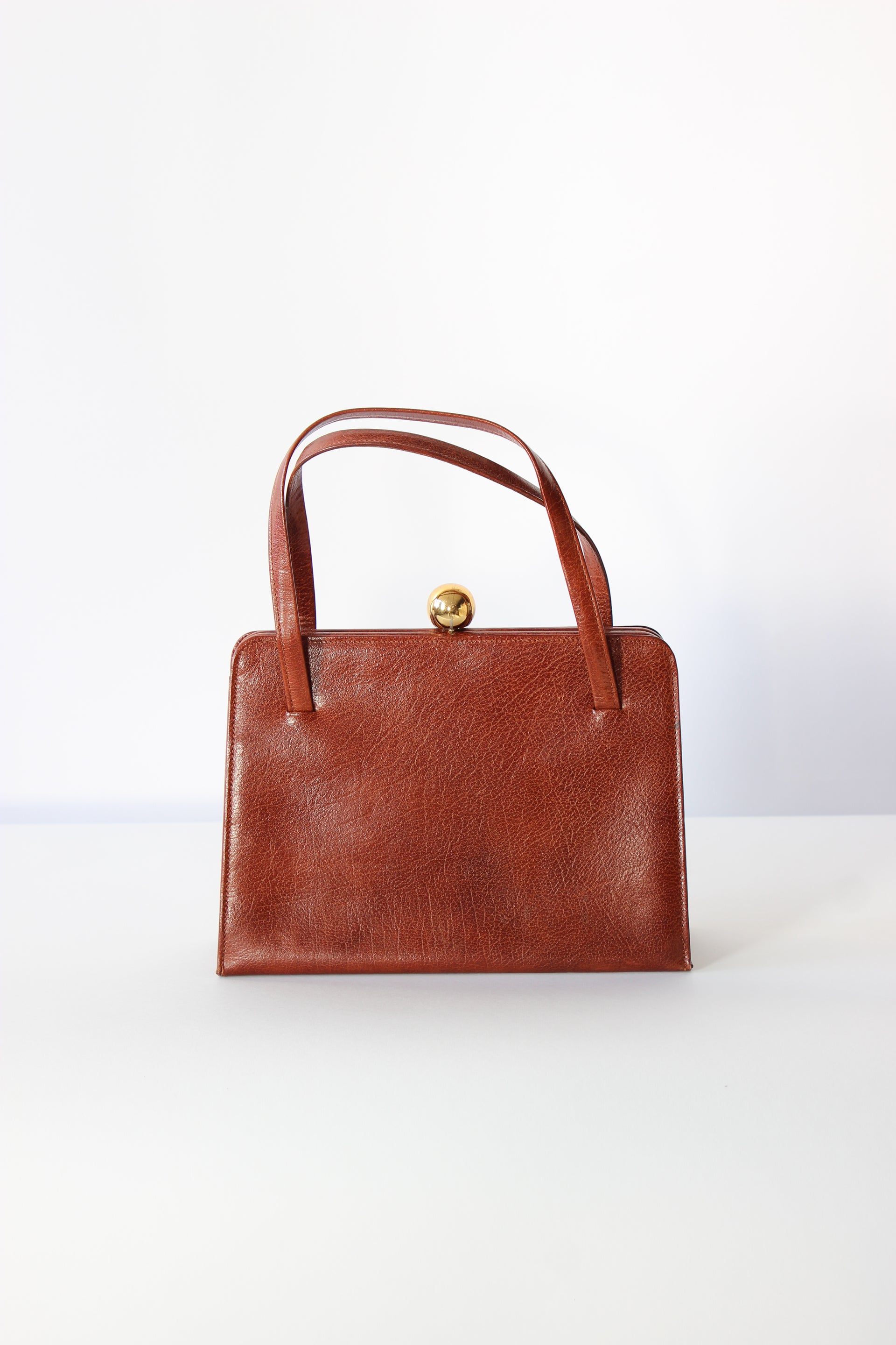 1950s 1960s Vintage Brown Top handle Bag/Purse with Green Leather Linen.