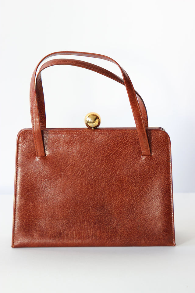 1950s 1960s Vintage Brown Top handle Bag/Purse with Green Leather Linen.