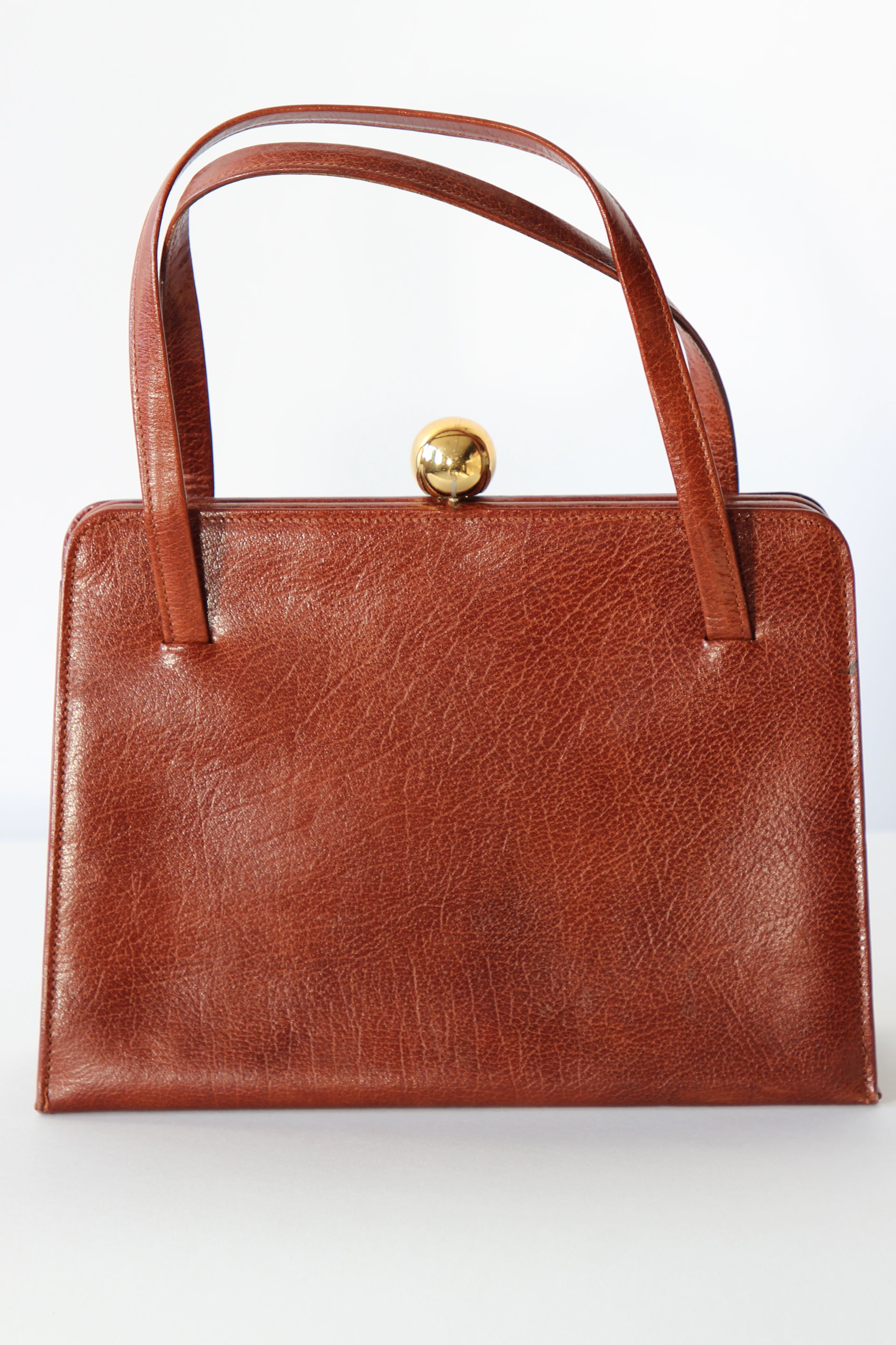 1950s 1960s Vintage Brown Top handle Bag/Purse with Green Leather Linen.