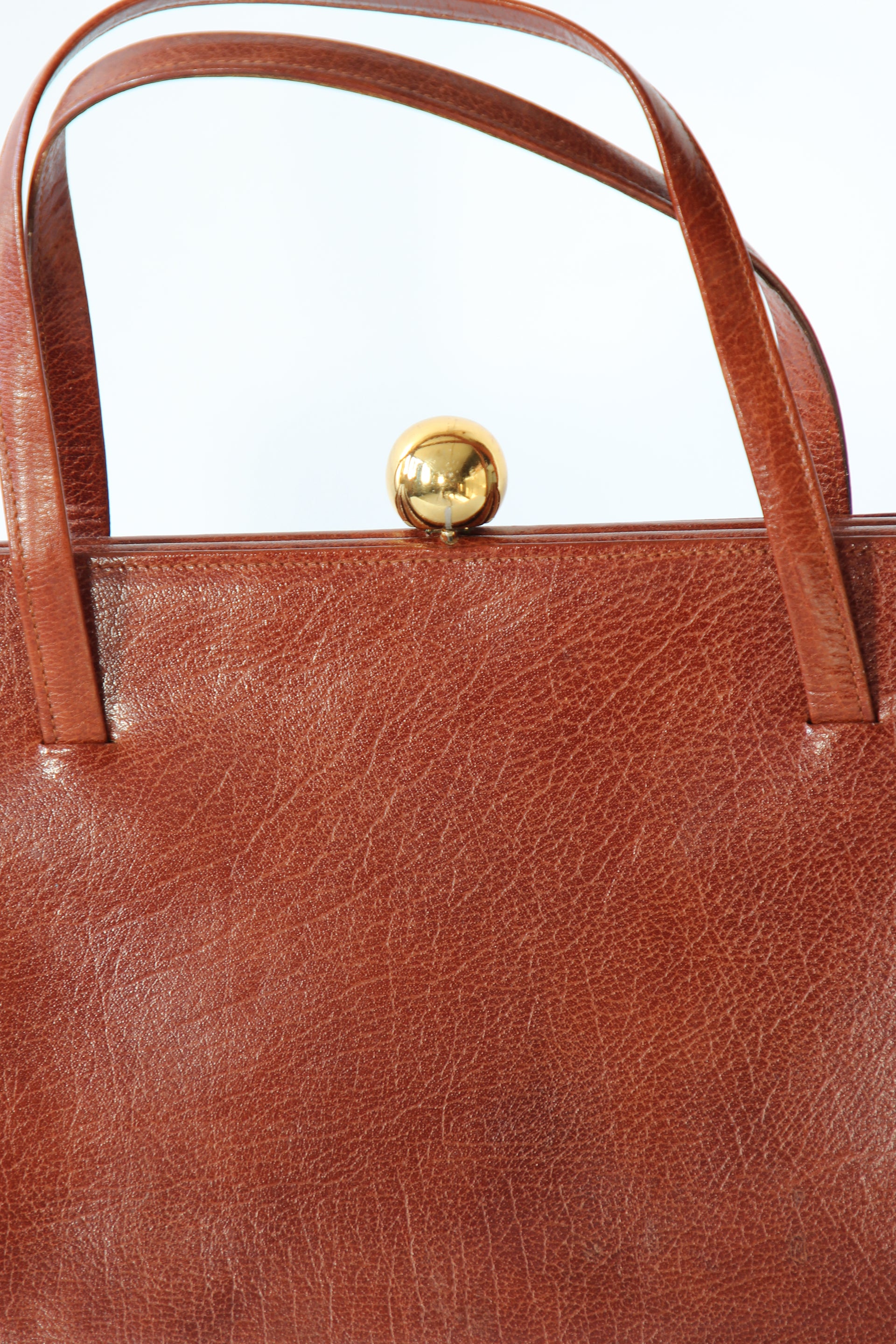 1950s 1960s Vintage Brown Top handle Bag/Purse with Green Leather Linen.