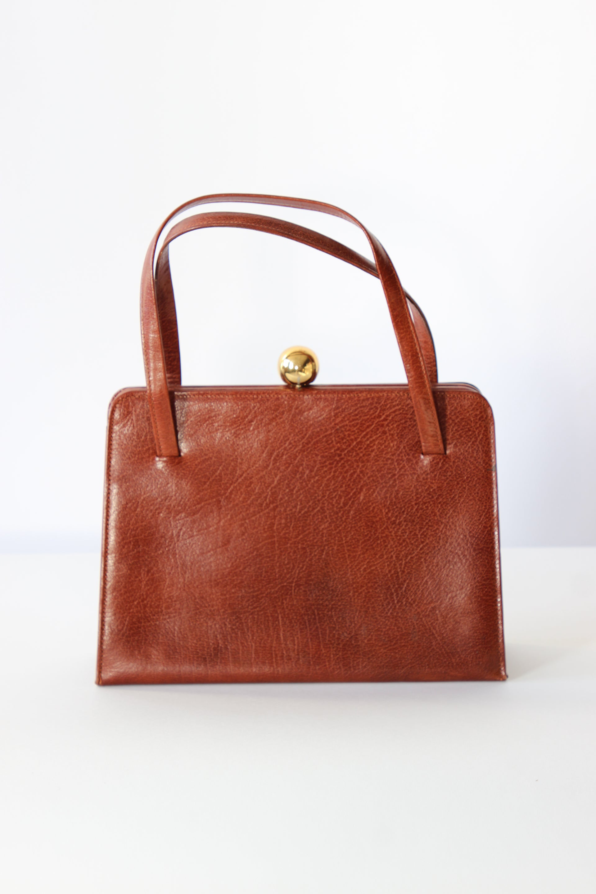 1950s 1960s Vintage Brown Top handle Bag/Purse with Green Leather Linen.