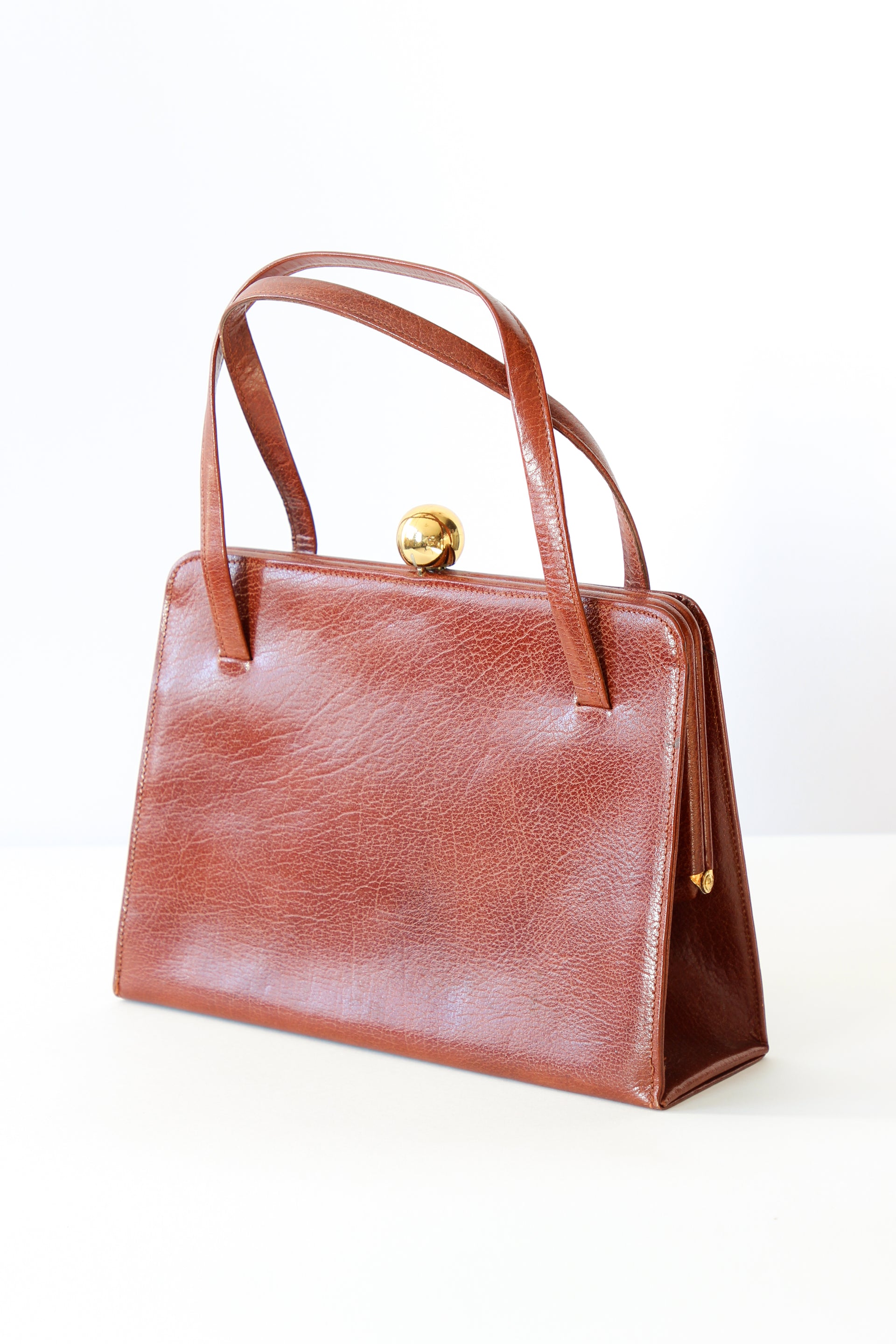 1950s 1960s Vintage Brown Top handle Bag/Purse with Green Leather Linen.