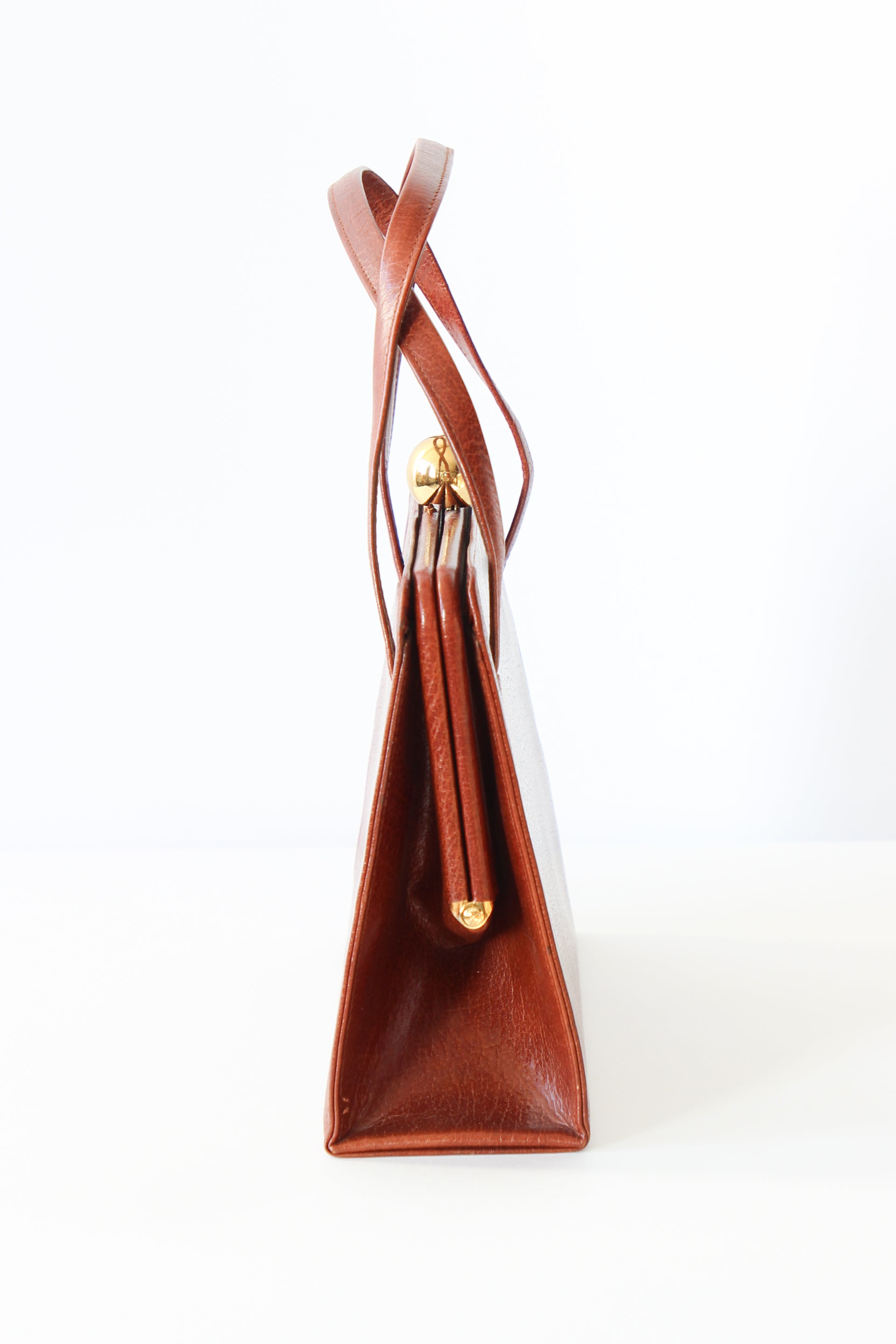 1950s 1960s Vintage Brown Top handle Bag/Purse with Green Leather Linen.