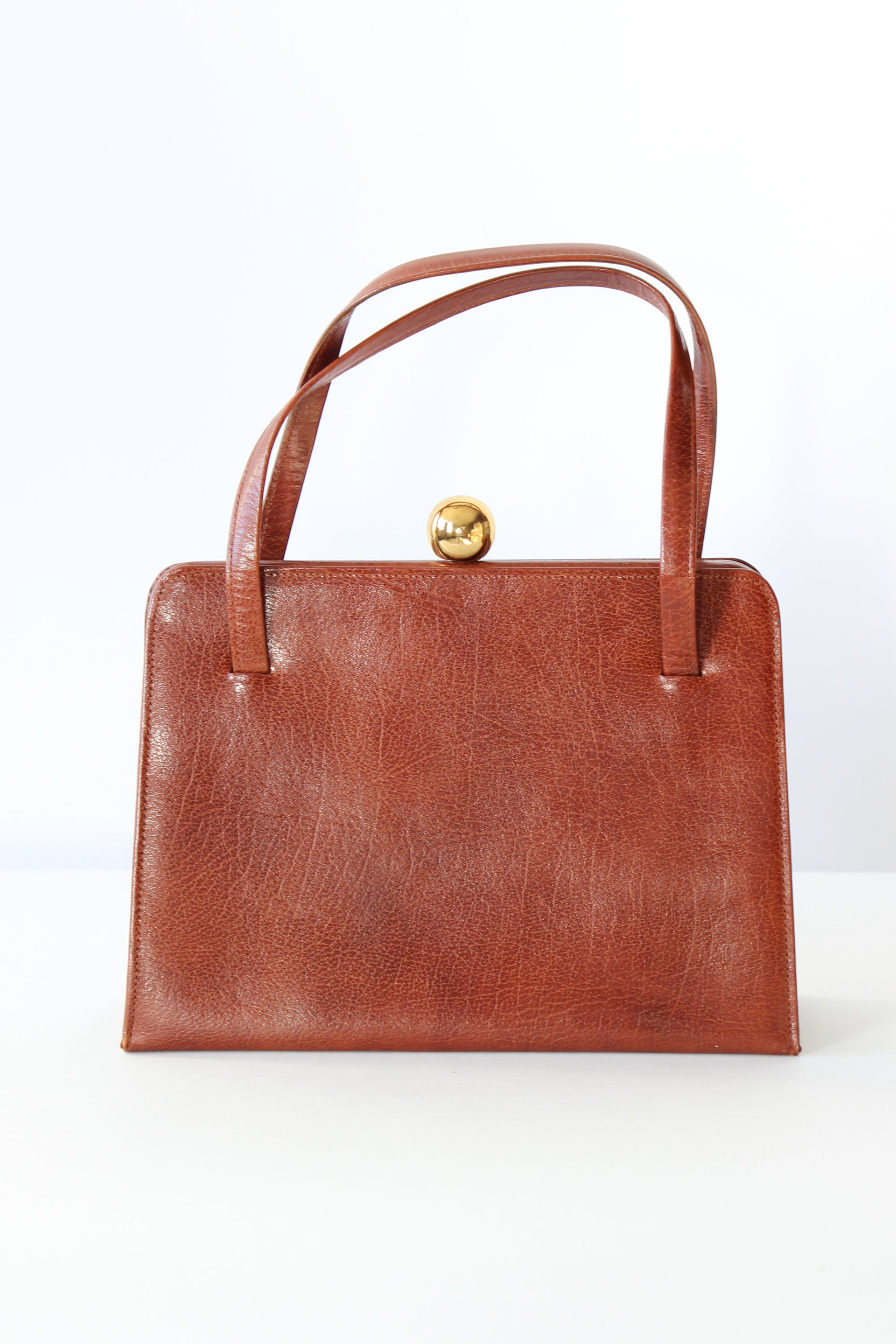 1950s 1960s Vintage Brown Top handle Bag/Purse with Green Leather Linen.