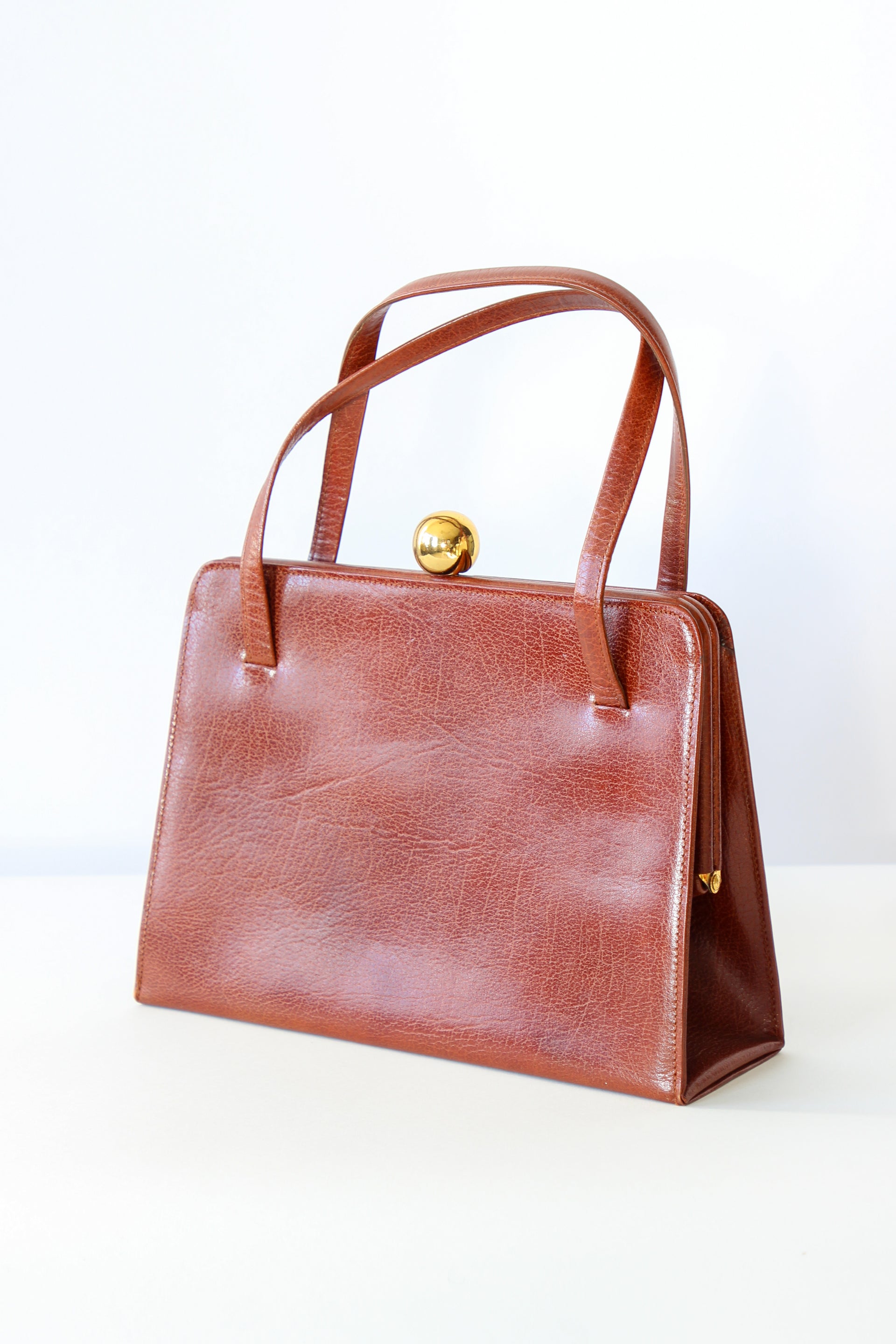 1950s 1960s Vintage Brown Top handle Bag/Purse with Green Leather Linen.