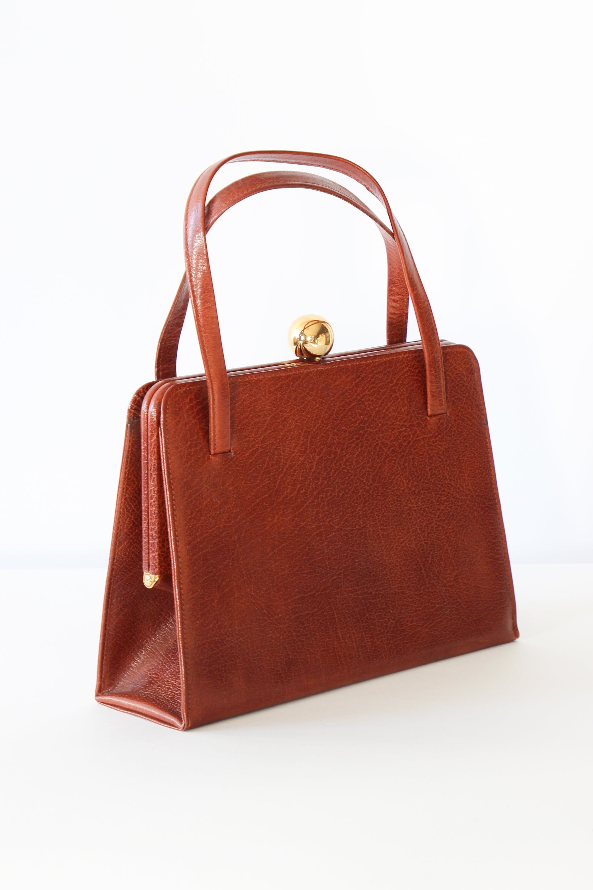 1950s 1960s Vintage Brown Top handle Bag/Purse with Green Leather Linen.