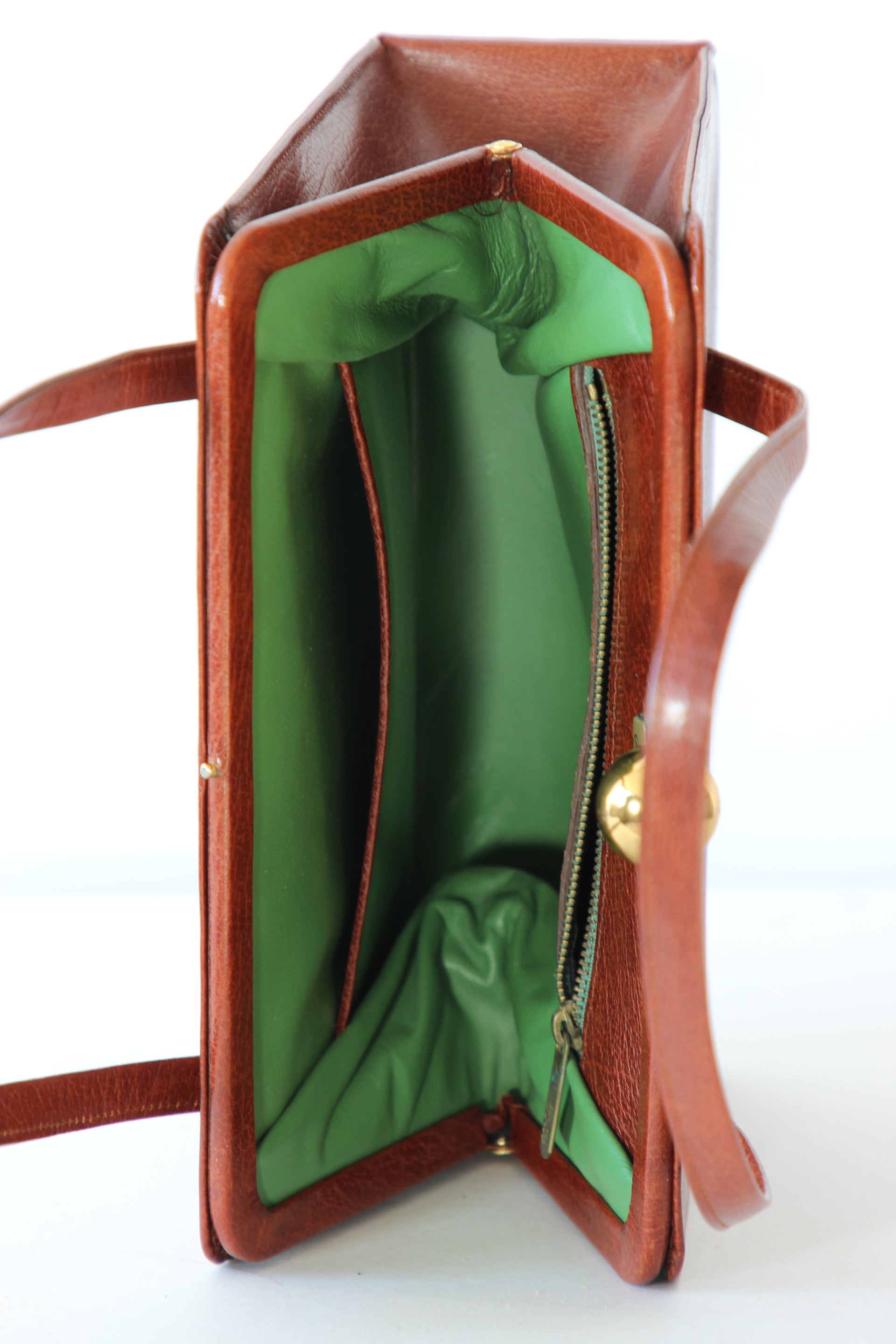 1950s 1960s Vintage Brown Top handle Bag/Purse with Green Leather Linen.