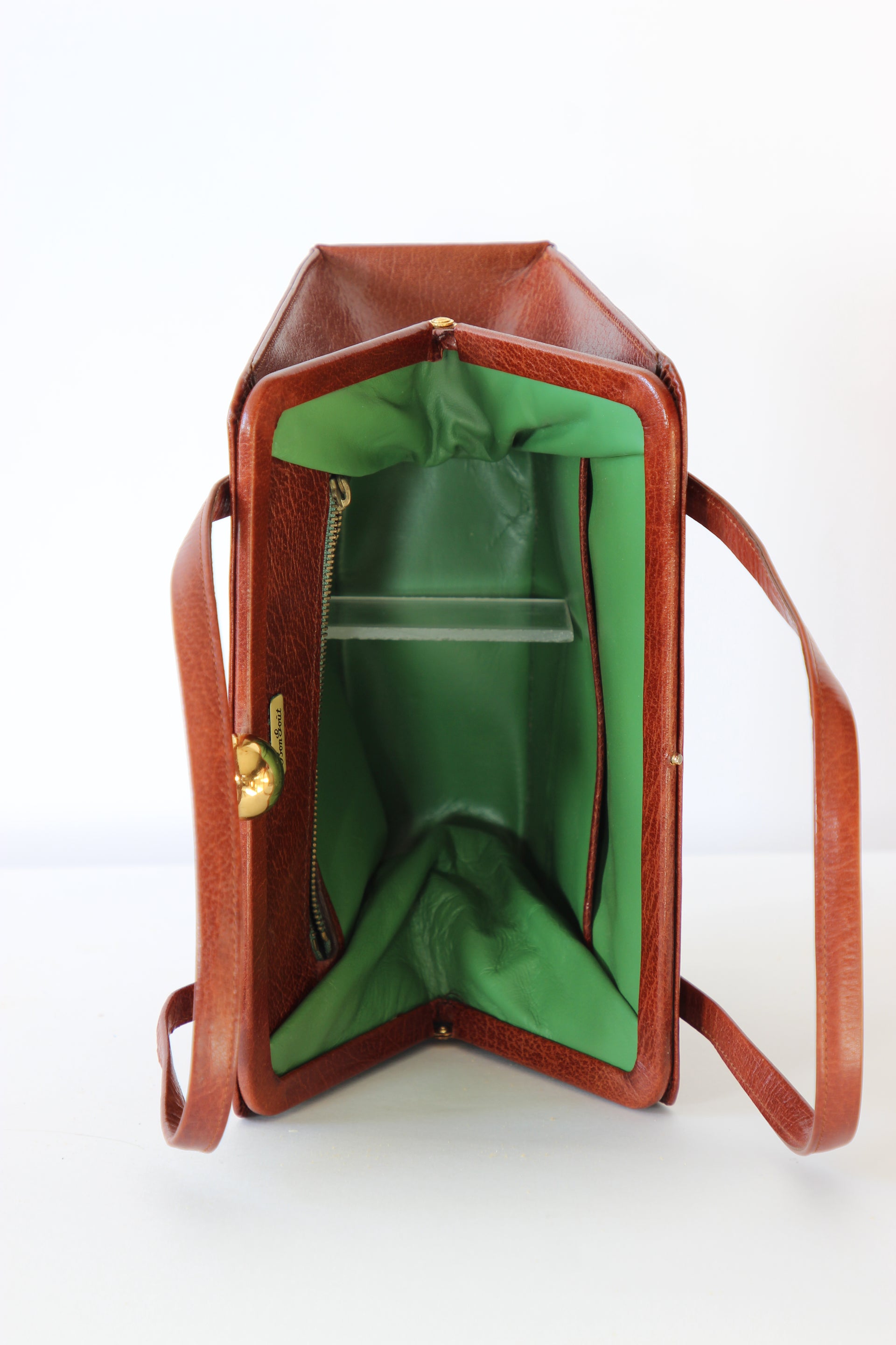 1950s 1960s Vintage Brown Top handle Bag/Purse with Green Leather Linen.