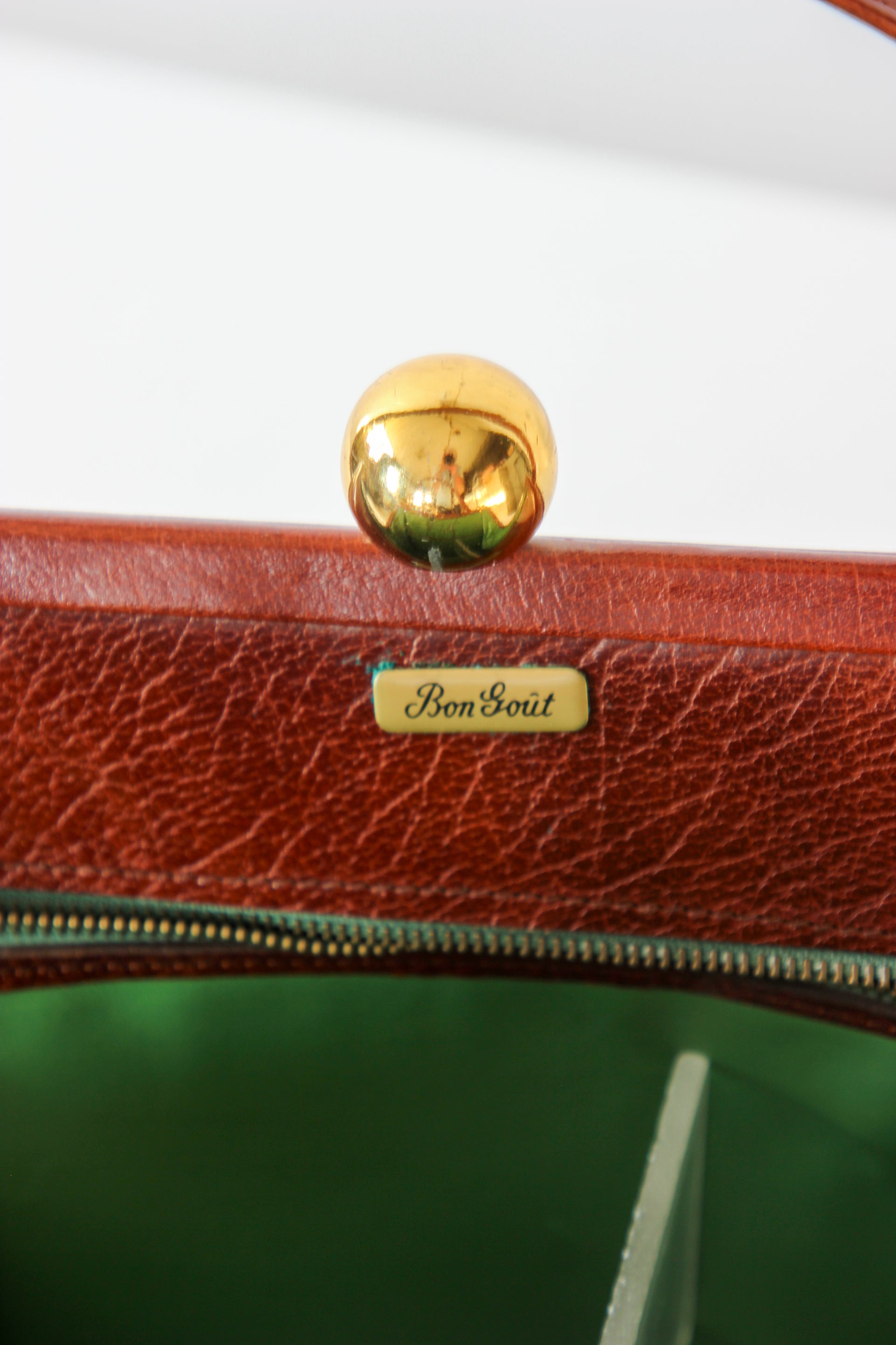 1950s 1960s Vintage Brown Top handle Bag/Purse with Green Leather Linen.