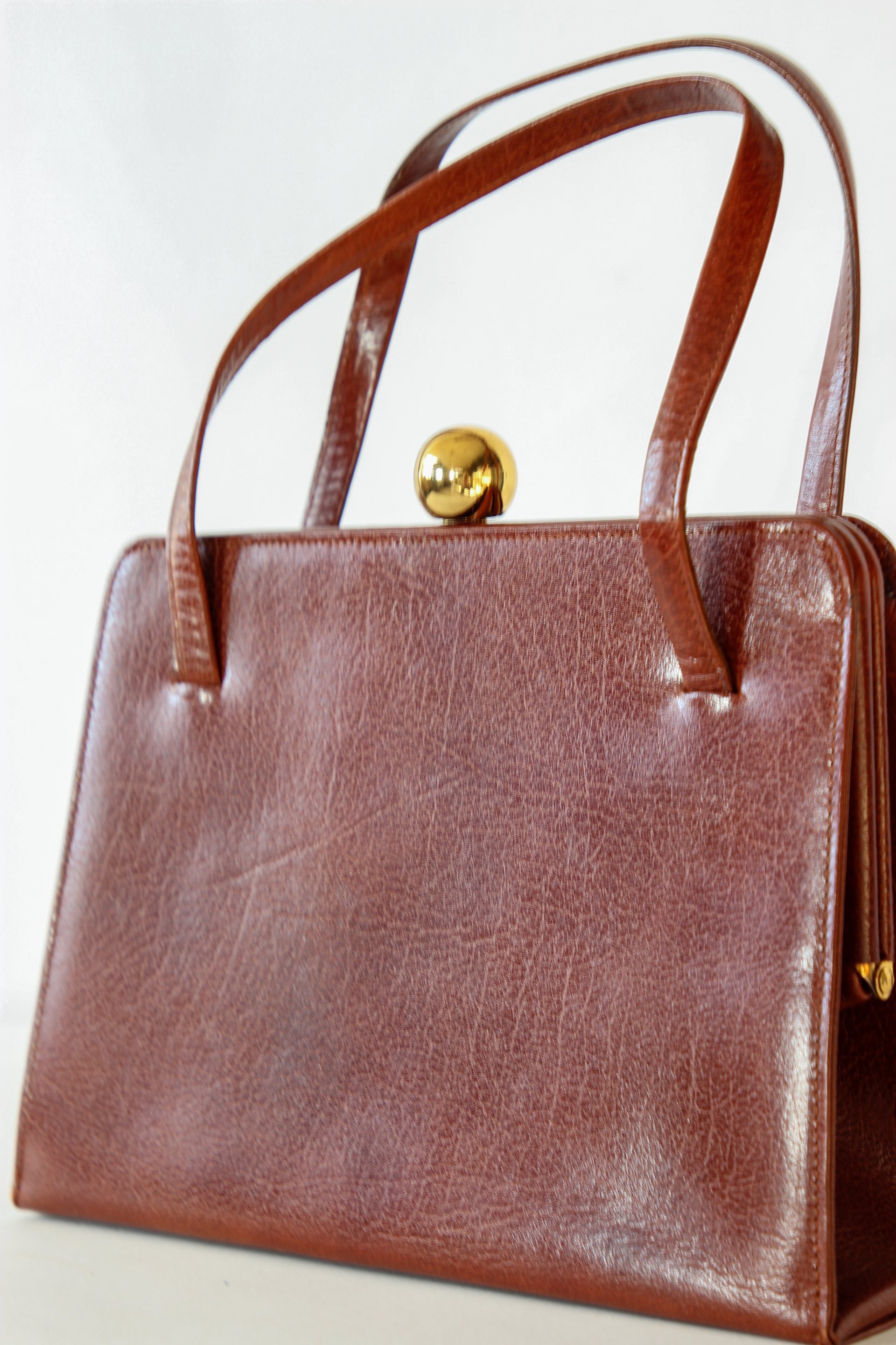 1950s 1960s Vintage Brown Top handle Bag/Purse with Green Leather Linen.