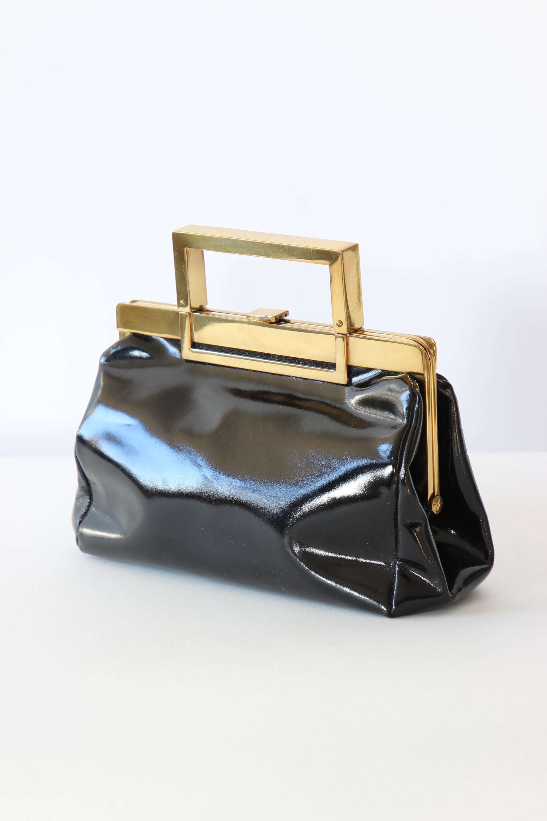 1950s Vintage Black Patent purse / Top Handle Bag // Danish Design