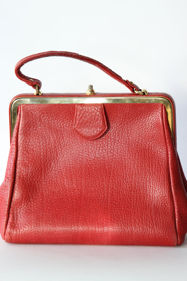 1960s Vintage Red Leather Top Handle Bag