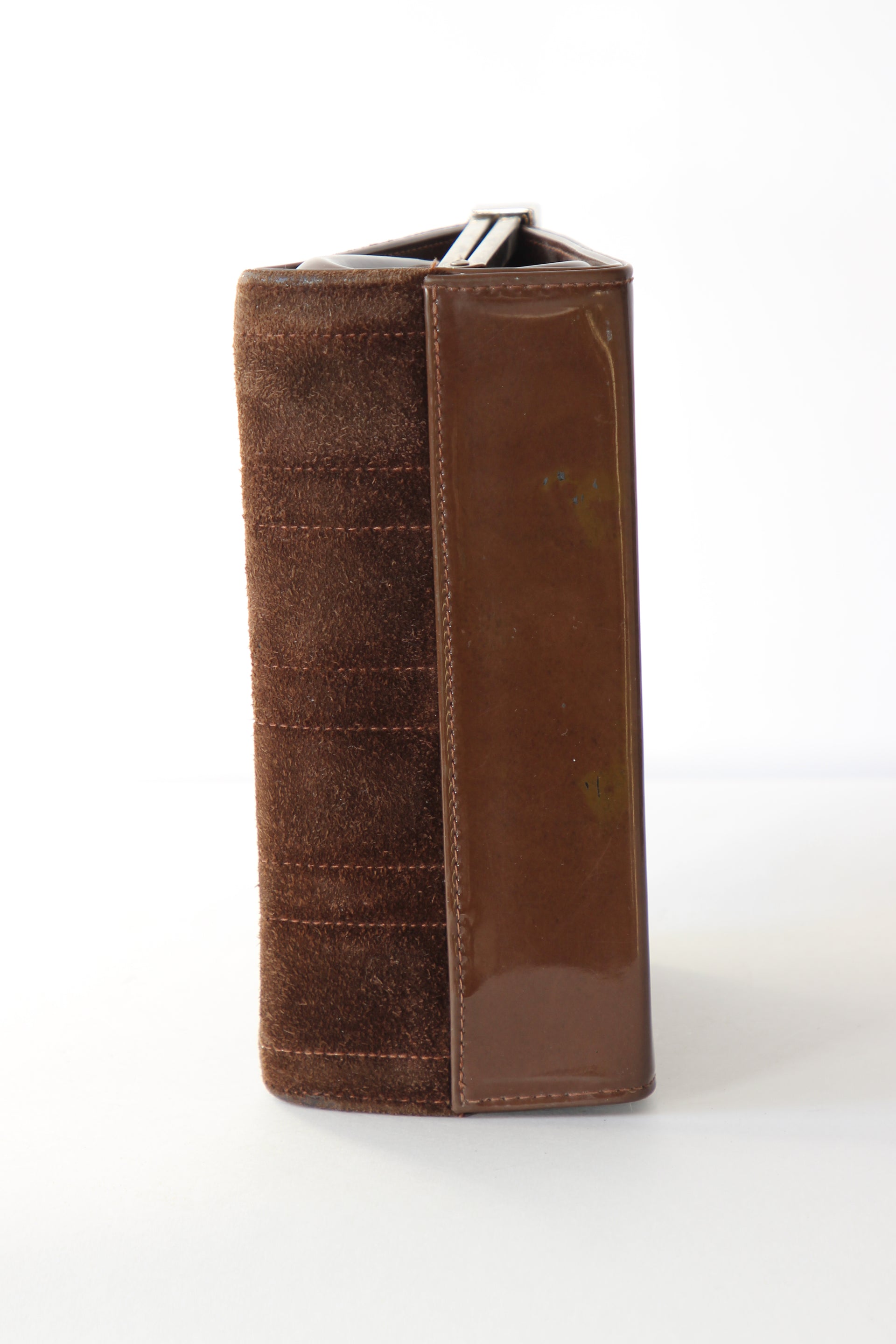 1960s Vintage Brown Suede and Vinyl Top Handle Bag/Purse with Silver Closure