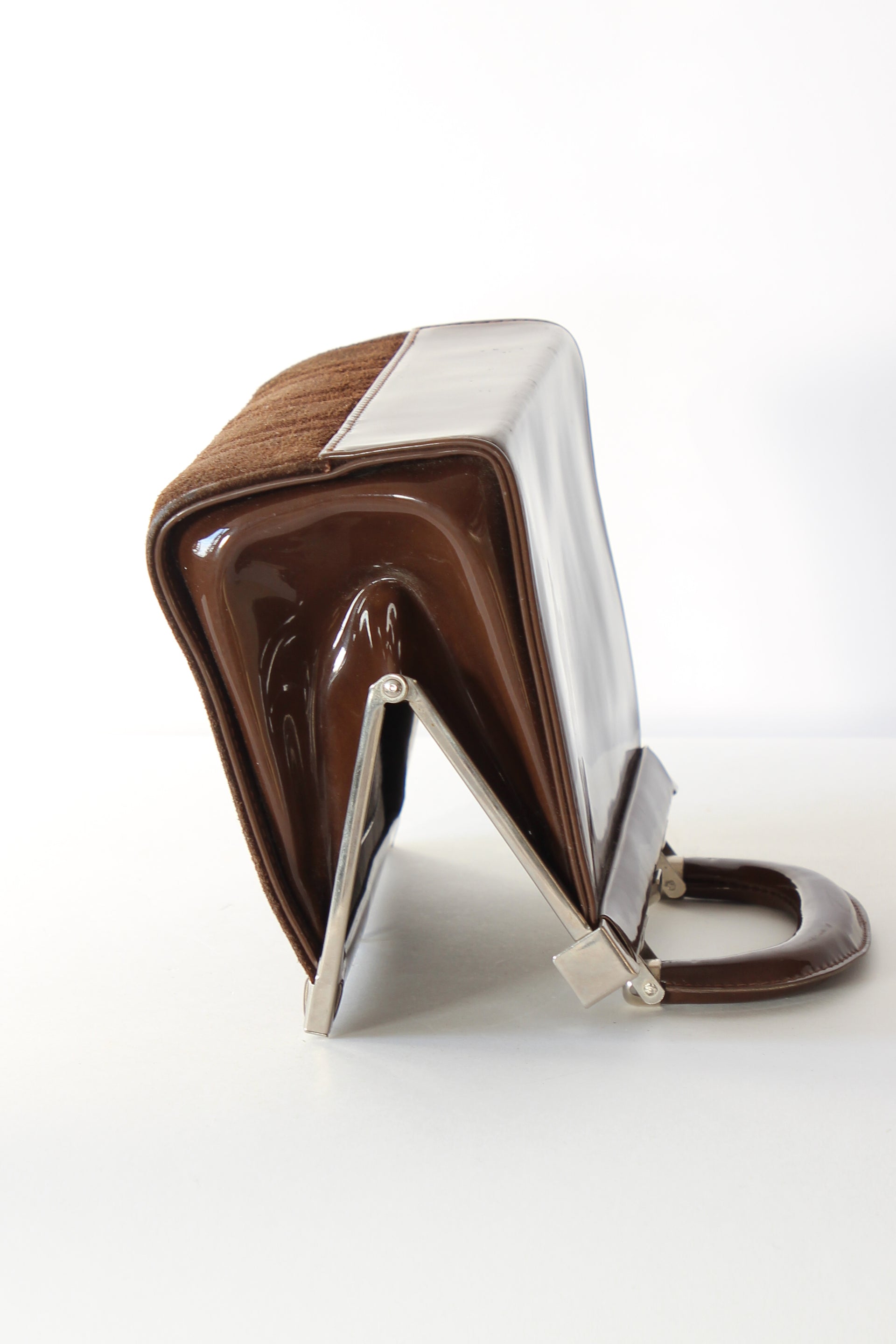 1960s Vintage Brown Suede and Vinyl Top Handle Bag/Purse with Silver Closure