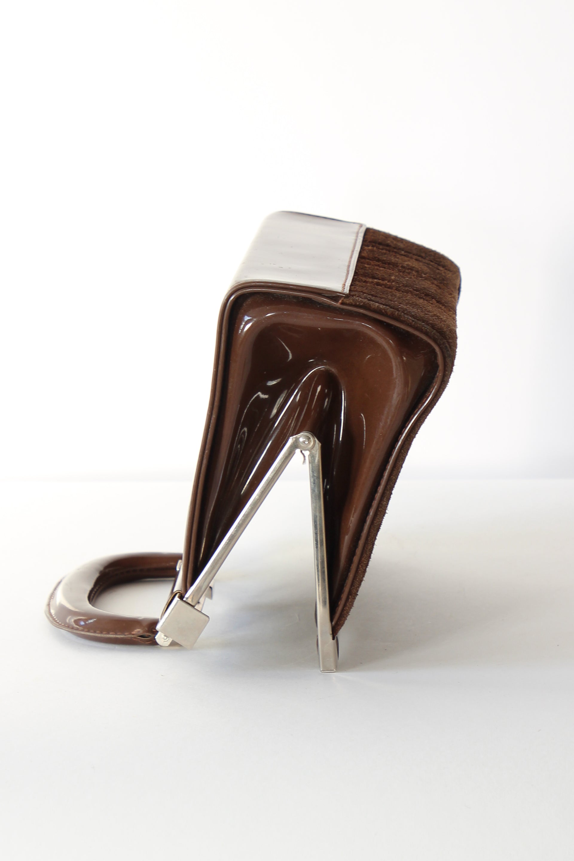 1960s Vintage Brown Suede and Vinyl Top Handle Bag/Purse with Silver Closure