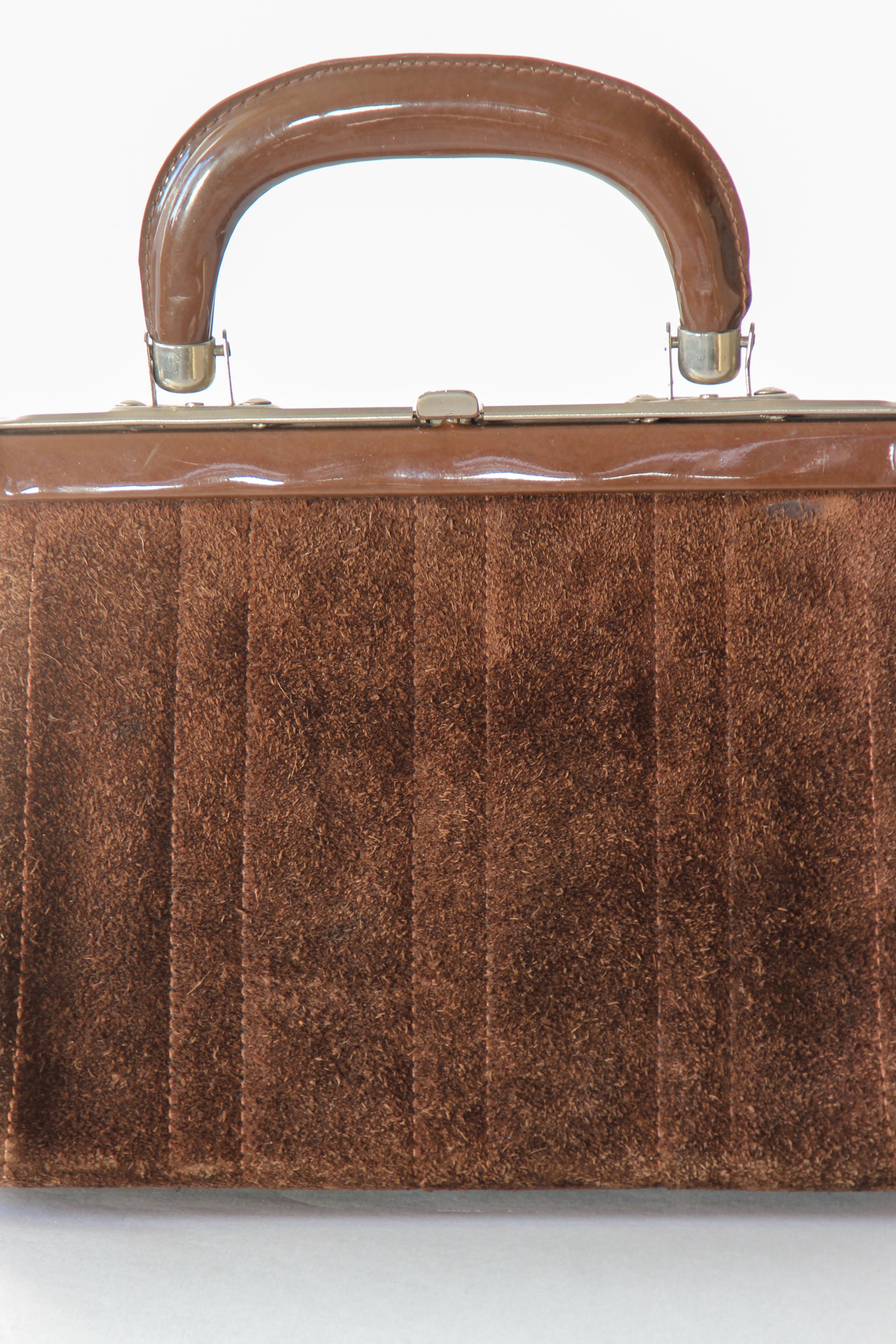 1960s Vintage Brown Suede and Vinyl Top Handle Bag/Purse with Silver Closure