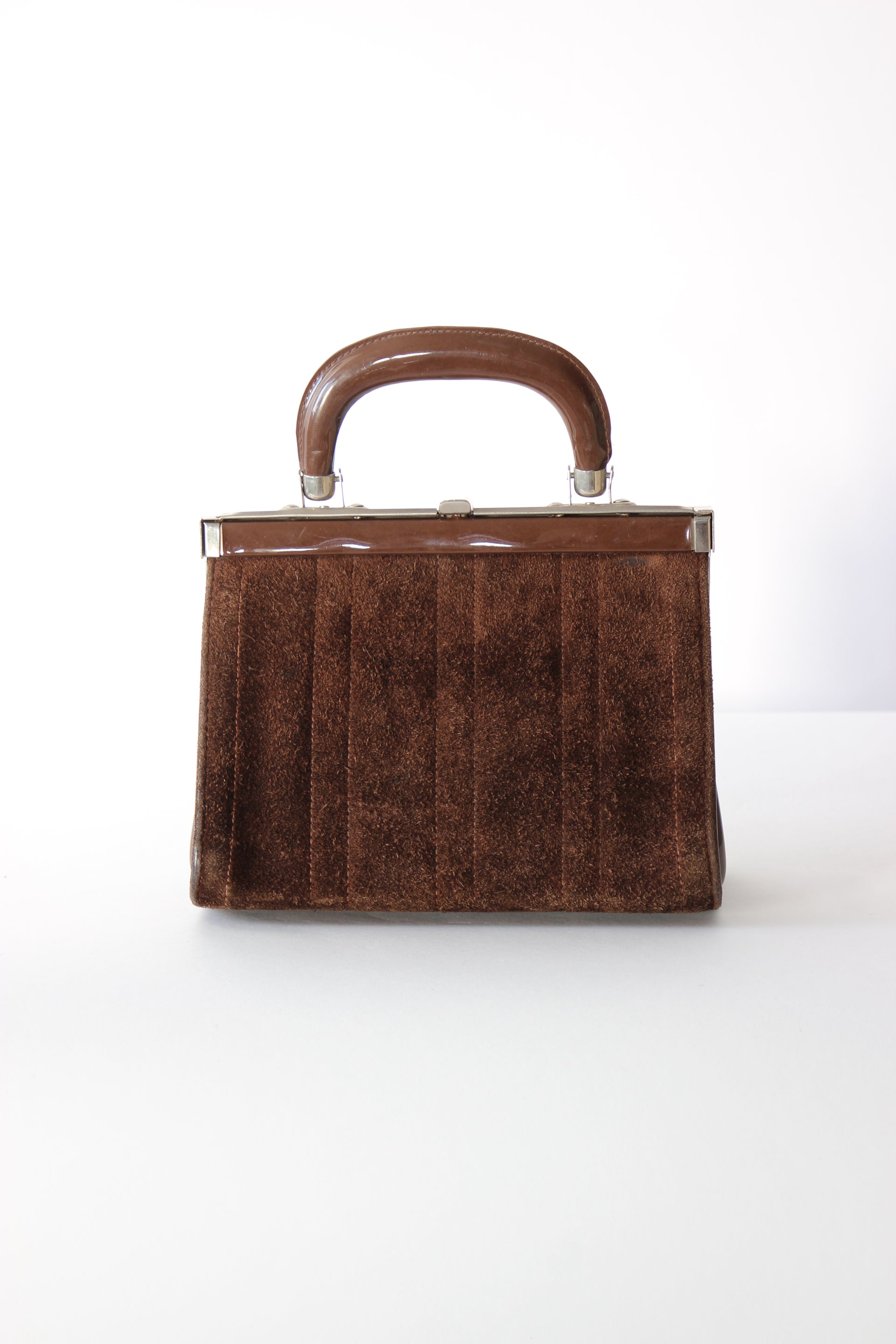 1960s Vintage Brown Suede and Vinyl Top Handle Bag/Purse with Silver Closure