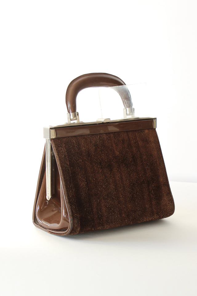 1960s Vintage Brown Suede and Vinyl Top Handle Bag/Purse with Silver Closure