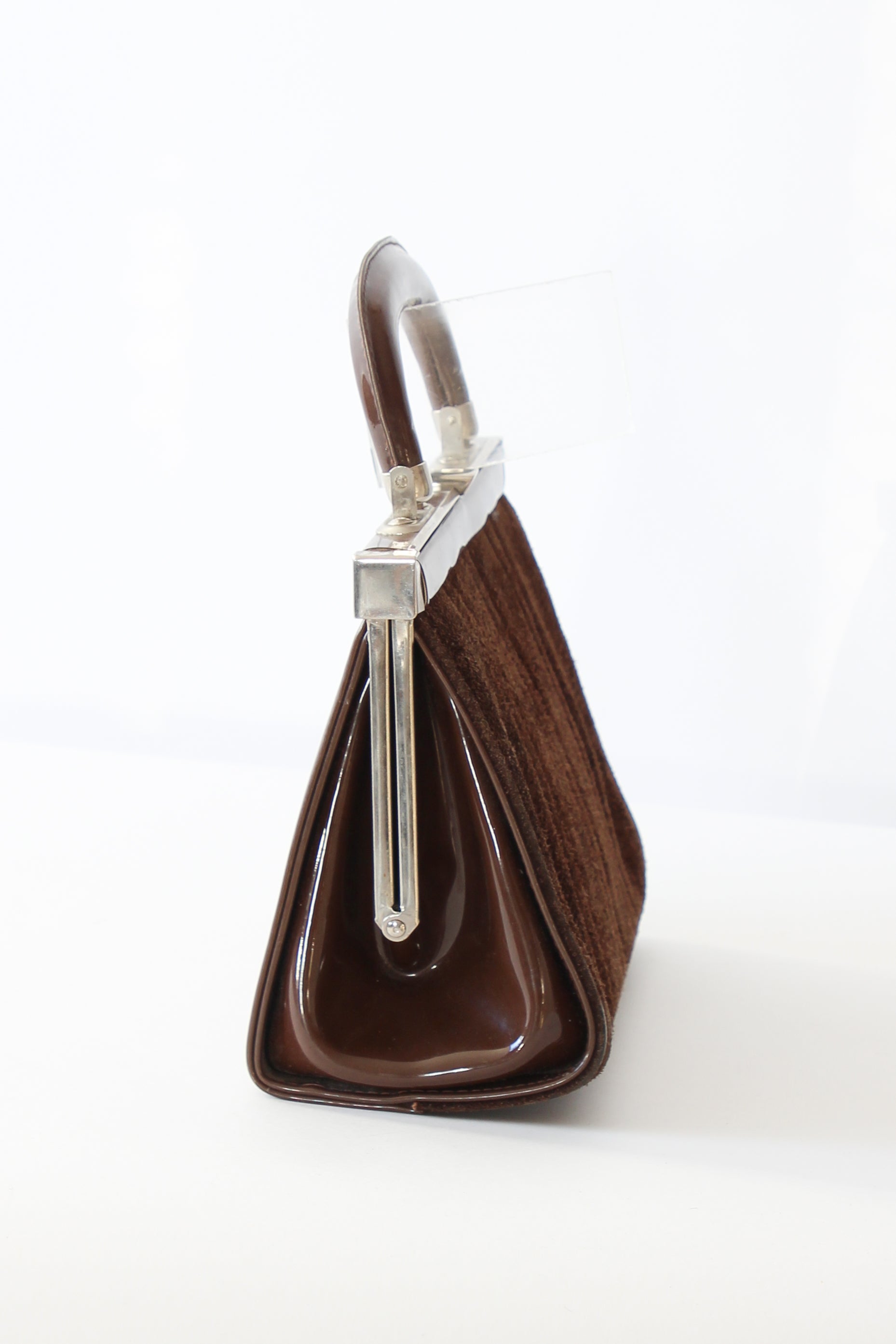 1960s Vintage Brown Suede and Vinyl Top Handle Bag/Purse with Silver Closure