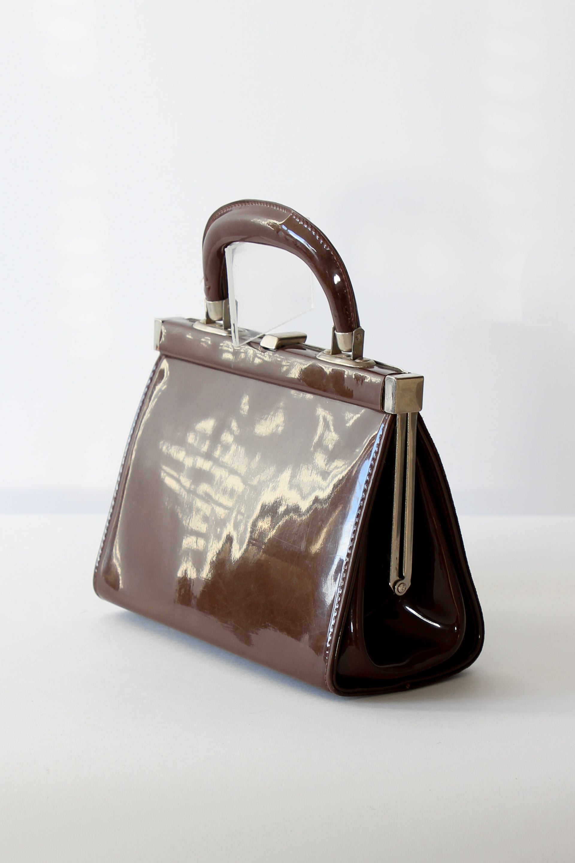 1960s Vintage Brown Suede and Vinyl Top Handle Bag/Purse with Silver Closure