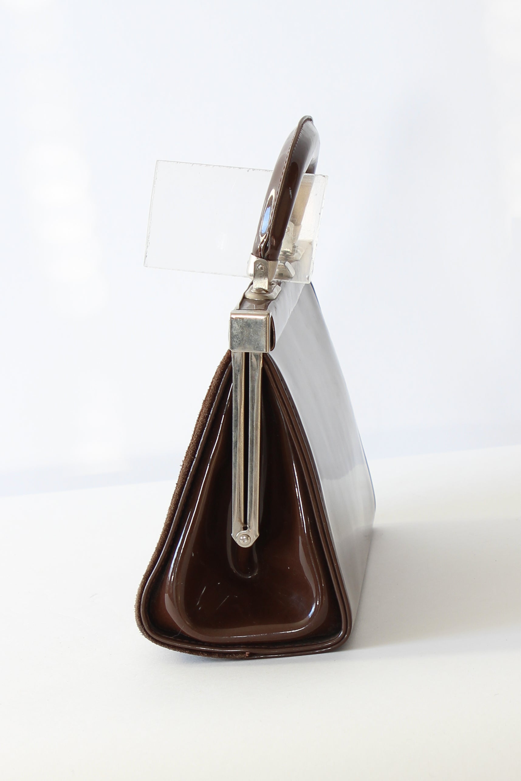 1960s Vintage Brown Suede and Vinyl Top Handle Bag/Purse with Silver Closure