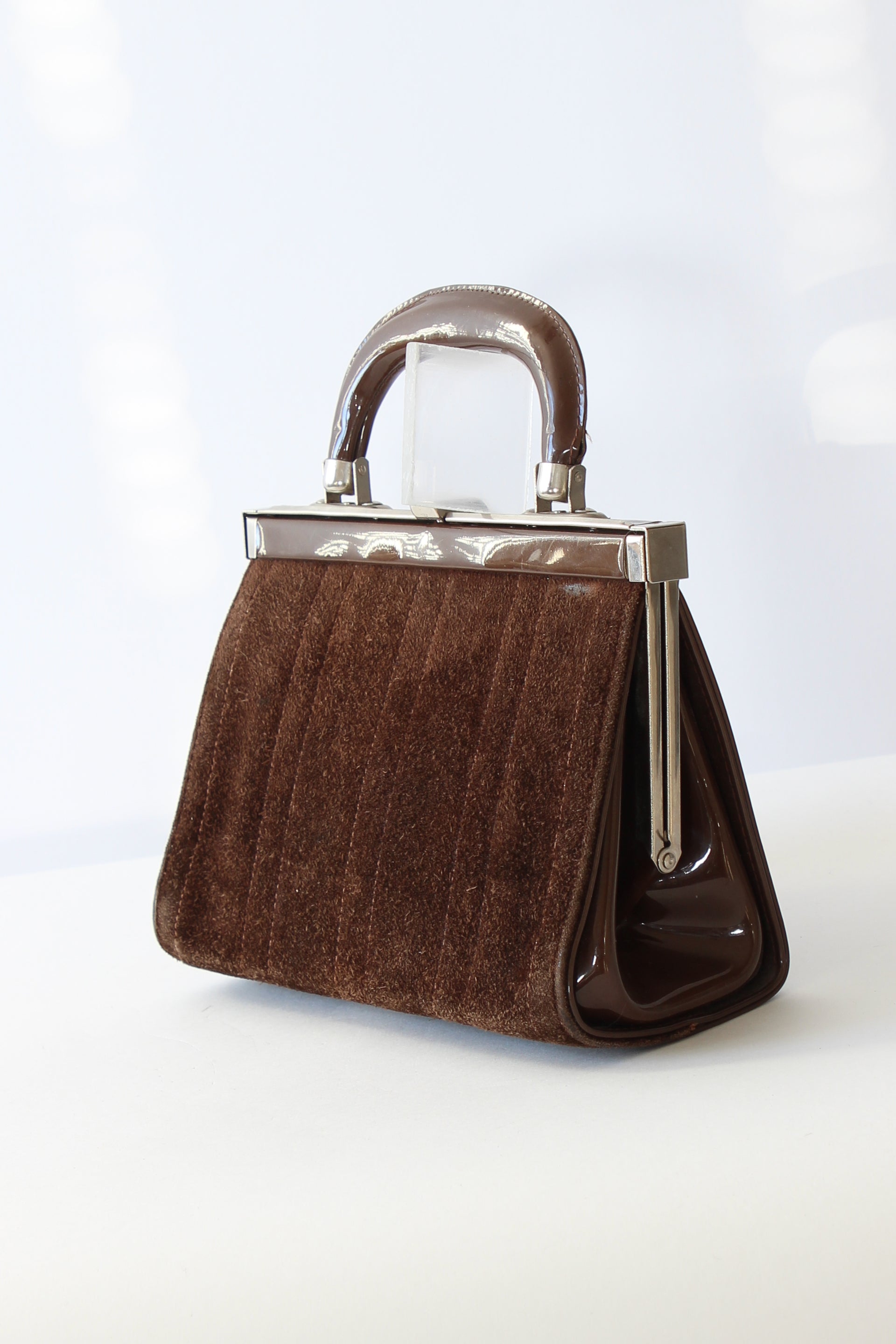 1960s Vintage Brown Suede and Vinyl Top Handle Bag/Purse with Silver Closure