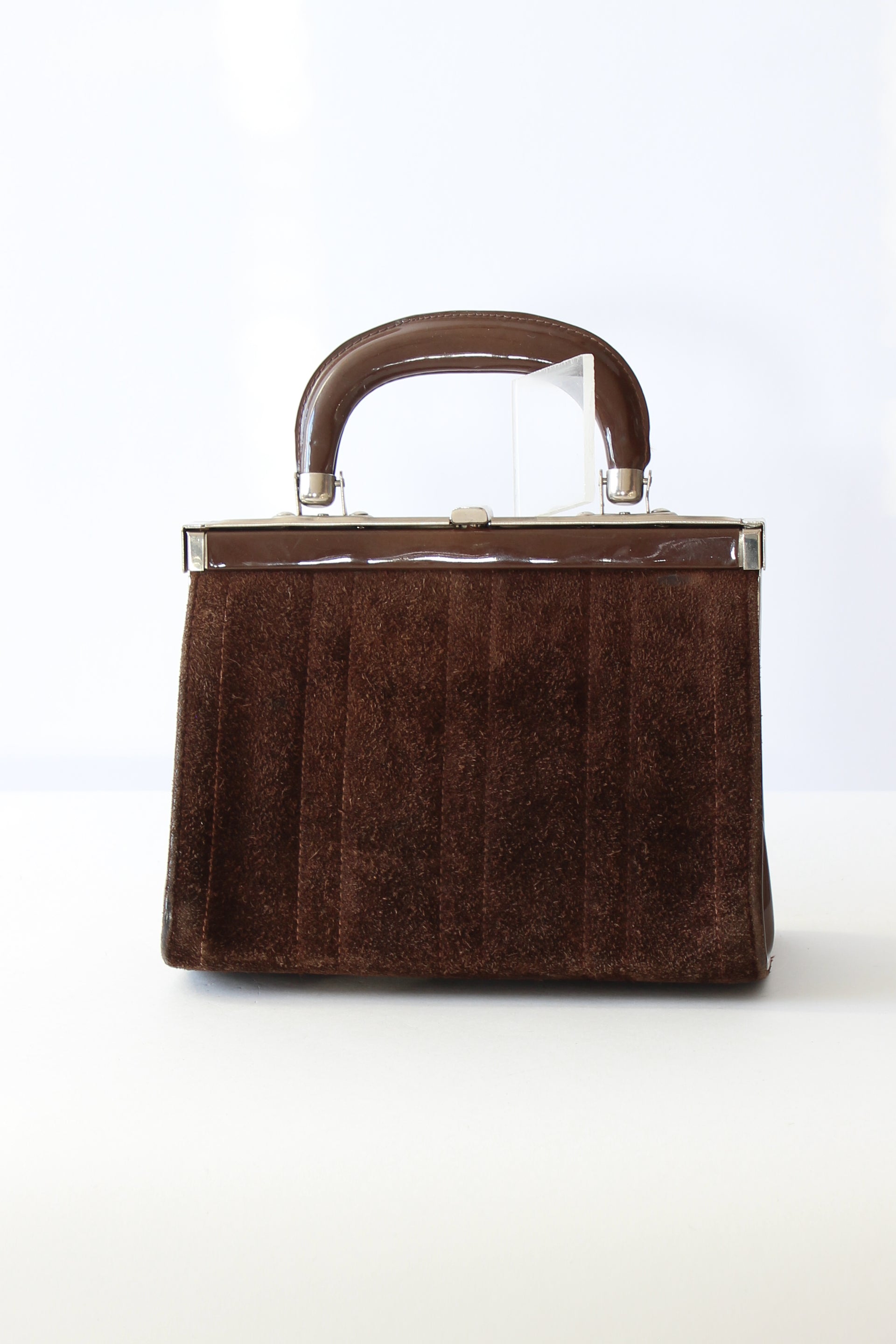 1960s Vintage Brown Suede and Vinyl Top Handle Bag/Purse with Silver Closure