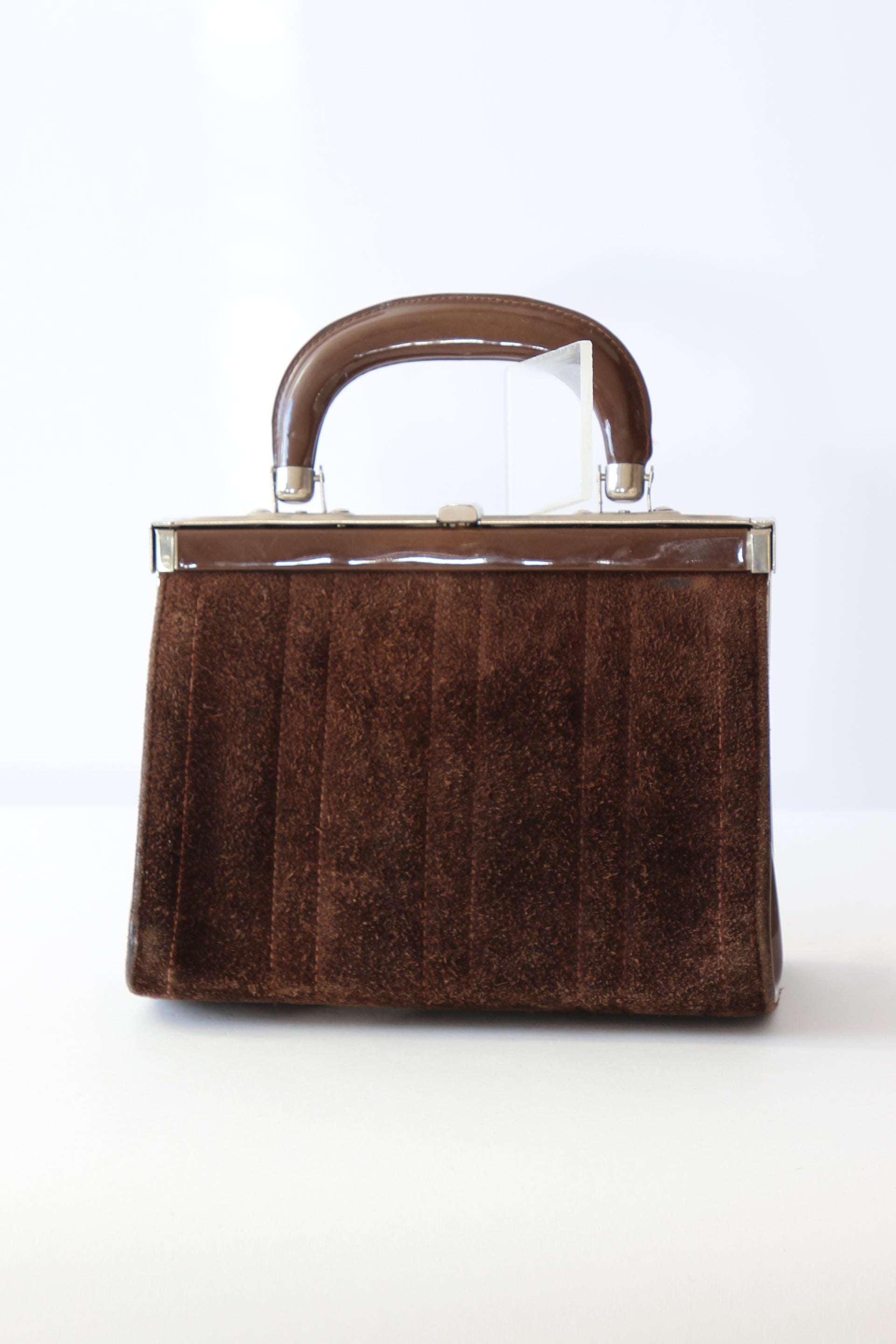 1960s Vintage Brown Suede and Vinyl Top Handle Bag/Purse with Silver Closure