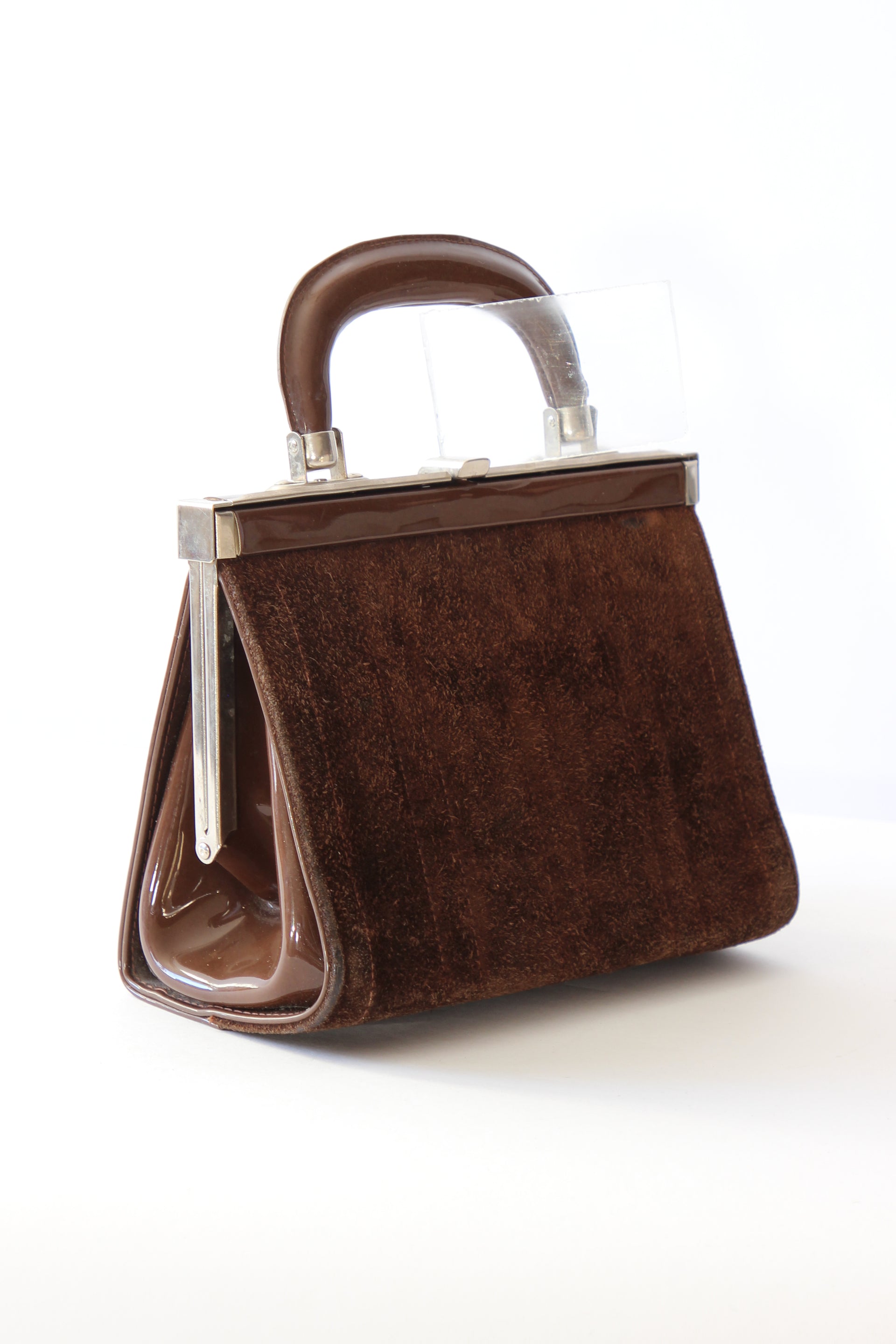 1960s Vintage Brown Suede and Vinyl Top Handle Bag/Purse with Silver Closure