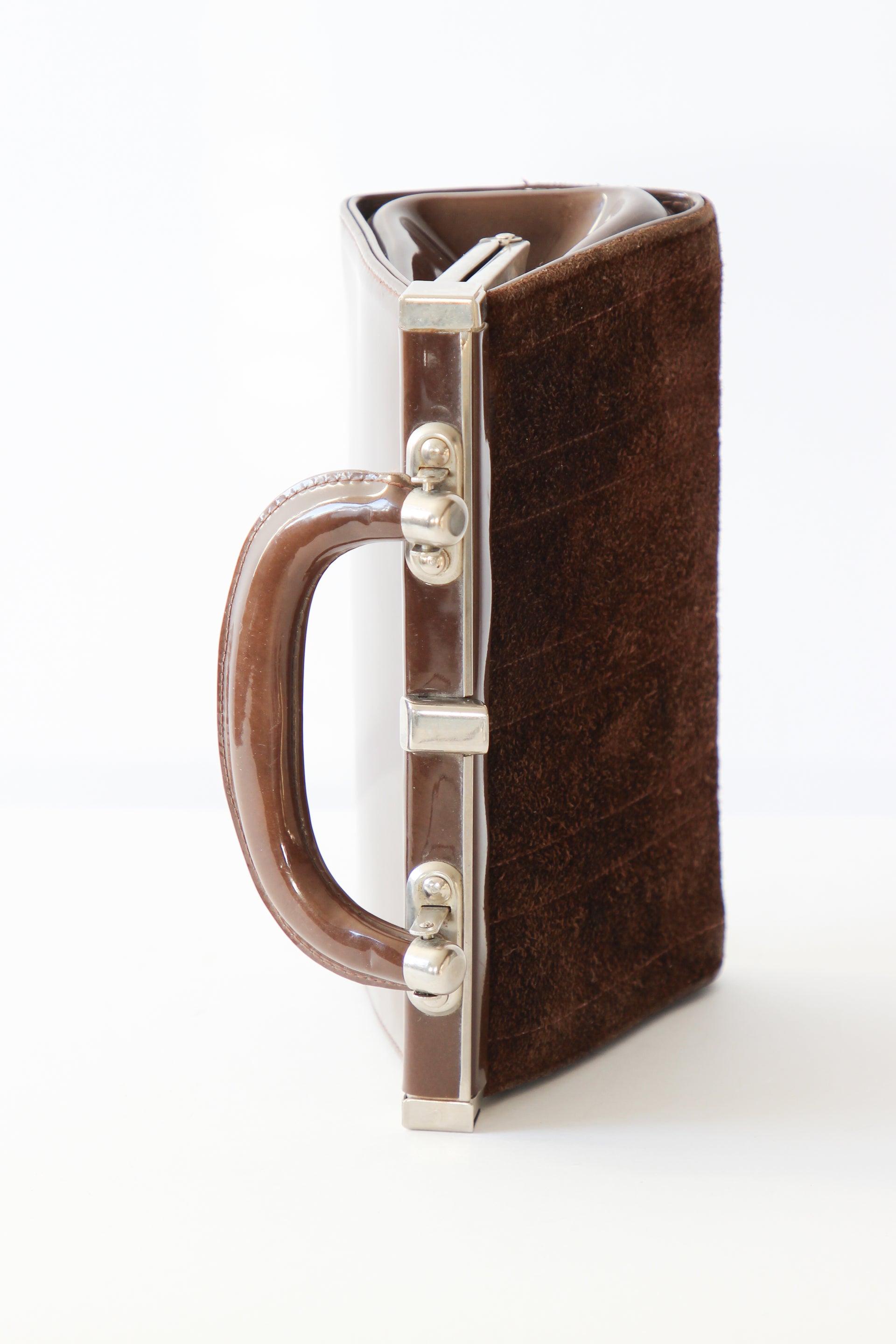 1960s Vintage Brown Suede and Vinyl Top Handle Bag/Purse with Silver Closure