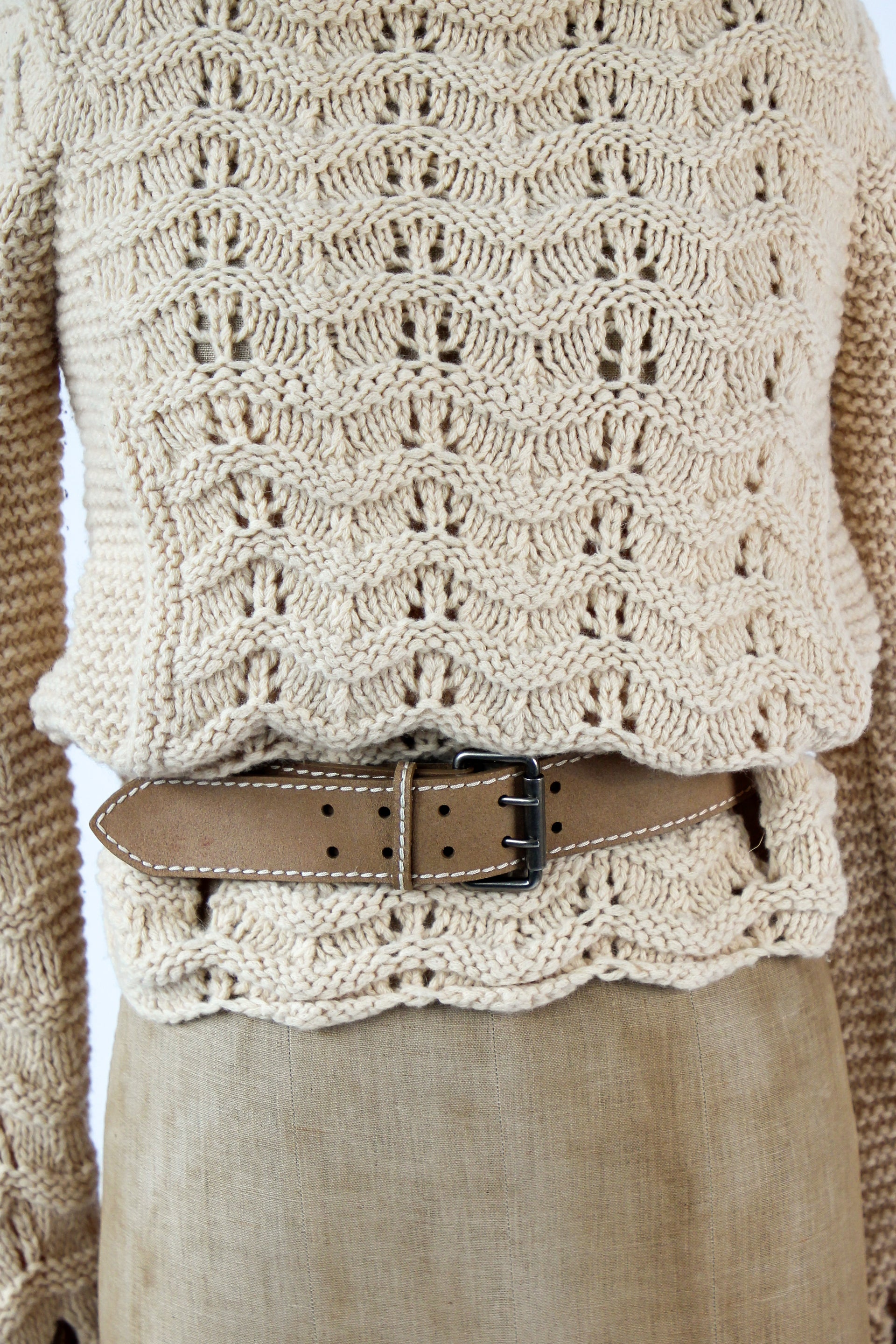 Vintage Munthe plus Simonsen Belted Ivory Wool Knit Jumper with Pink Collar // Size S